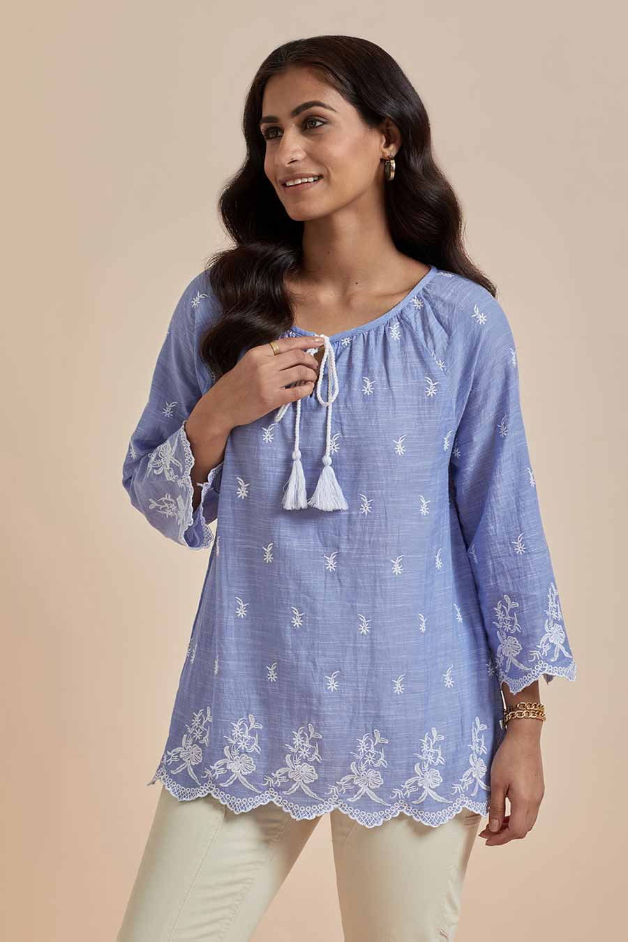 Blue Cotton Embroidered Top