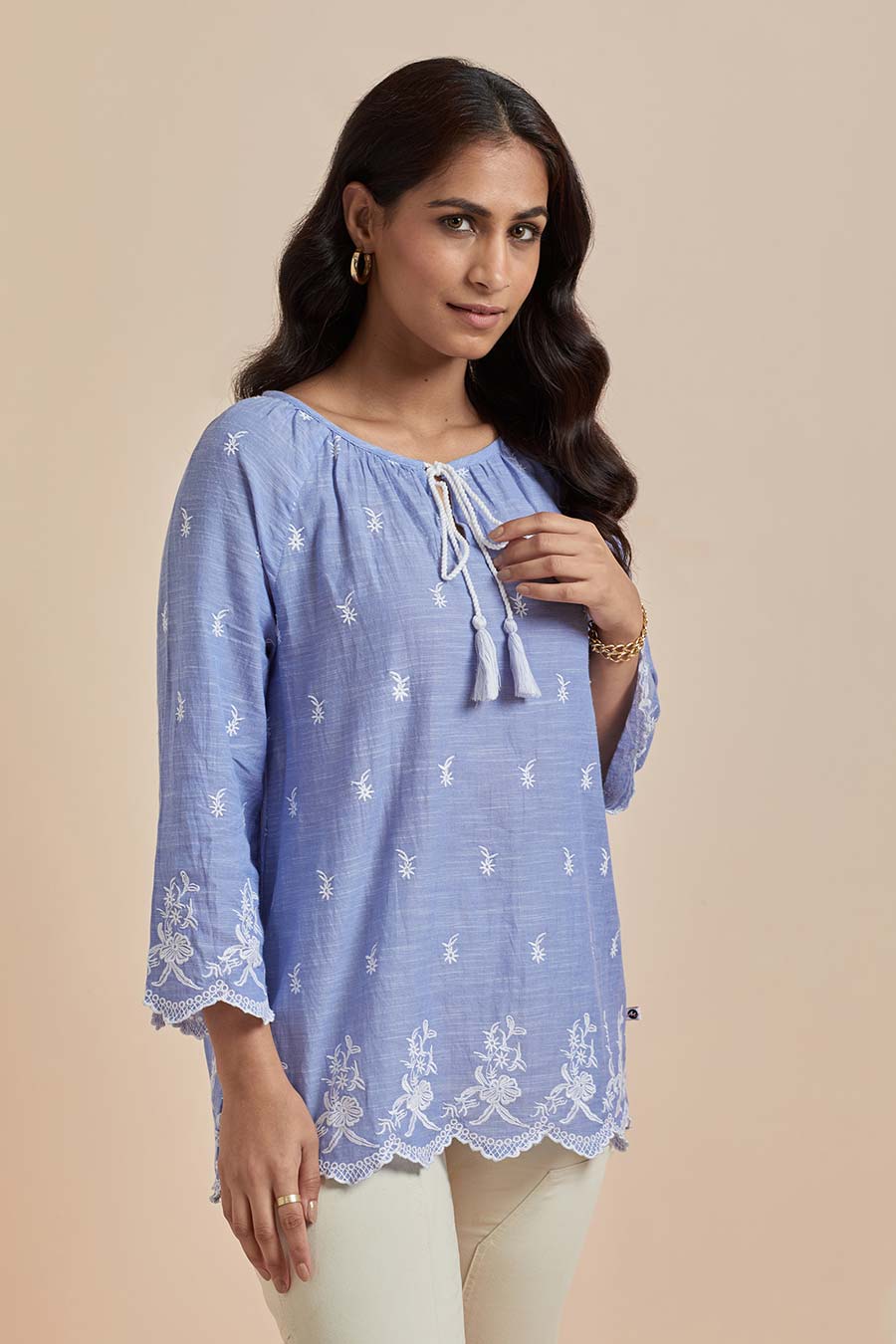 Blue Cotton Embroidered Top