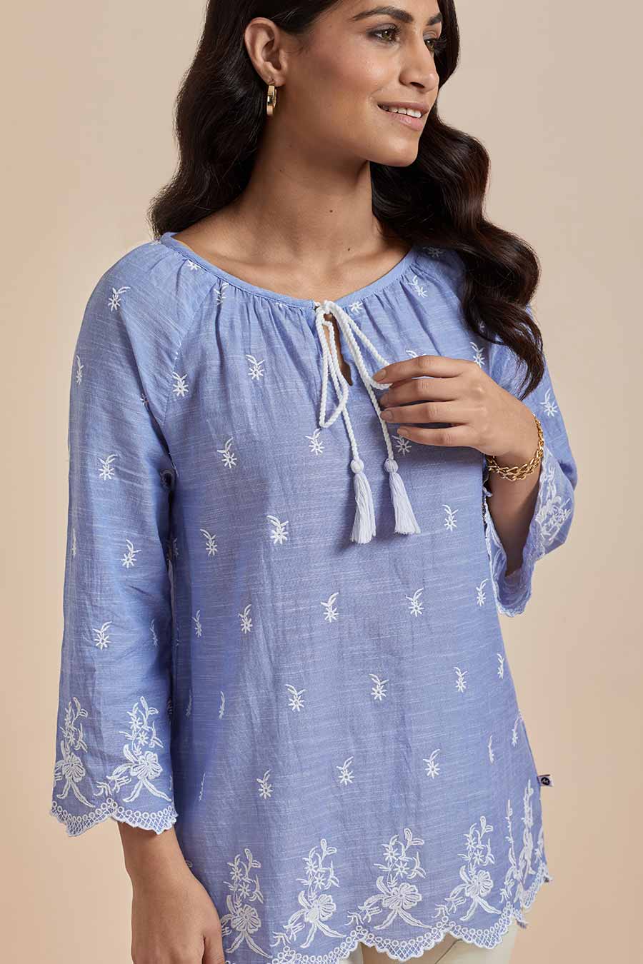Blue Cotton Embroidered Top