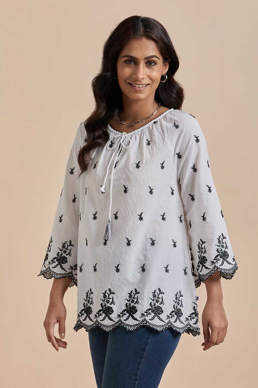 White Cotton Embroidered Top