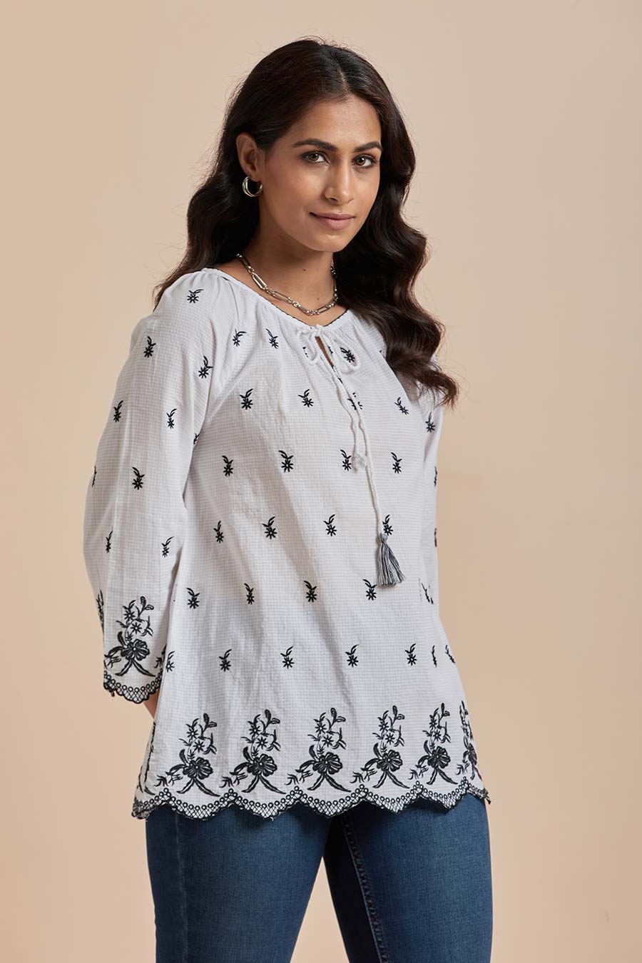 White Cotton Embroidered Top
