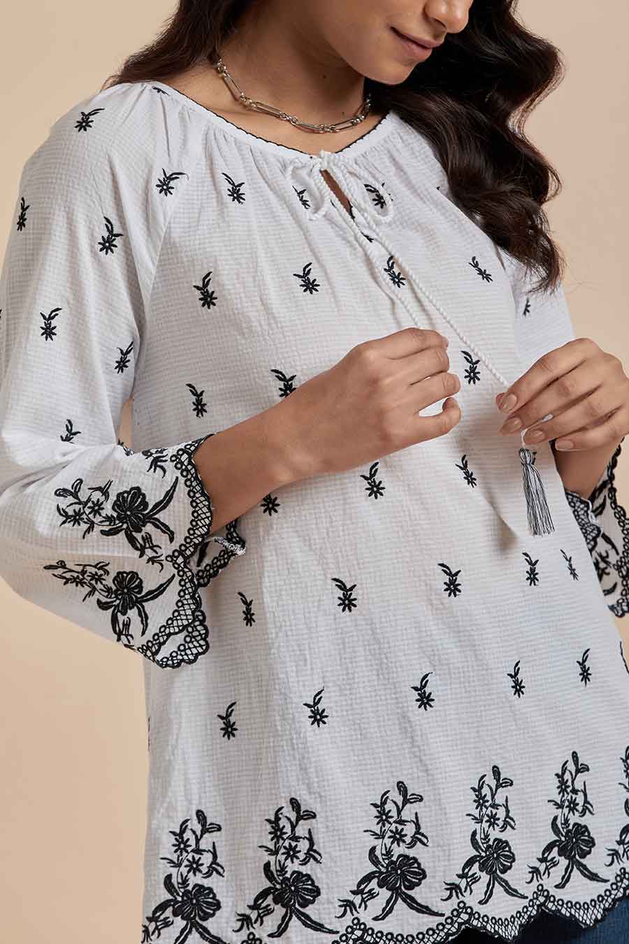 White Cotton Embroidered Top