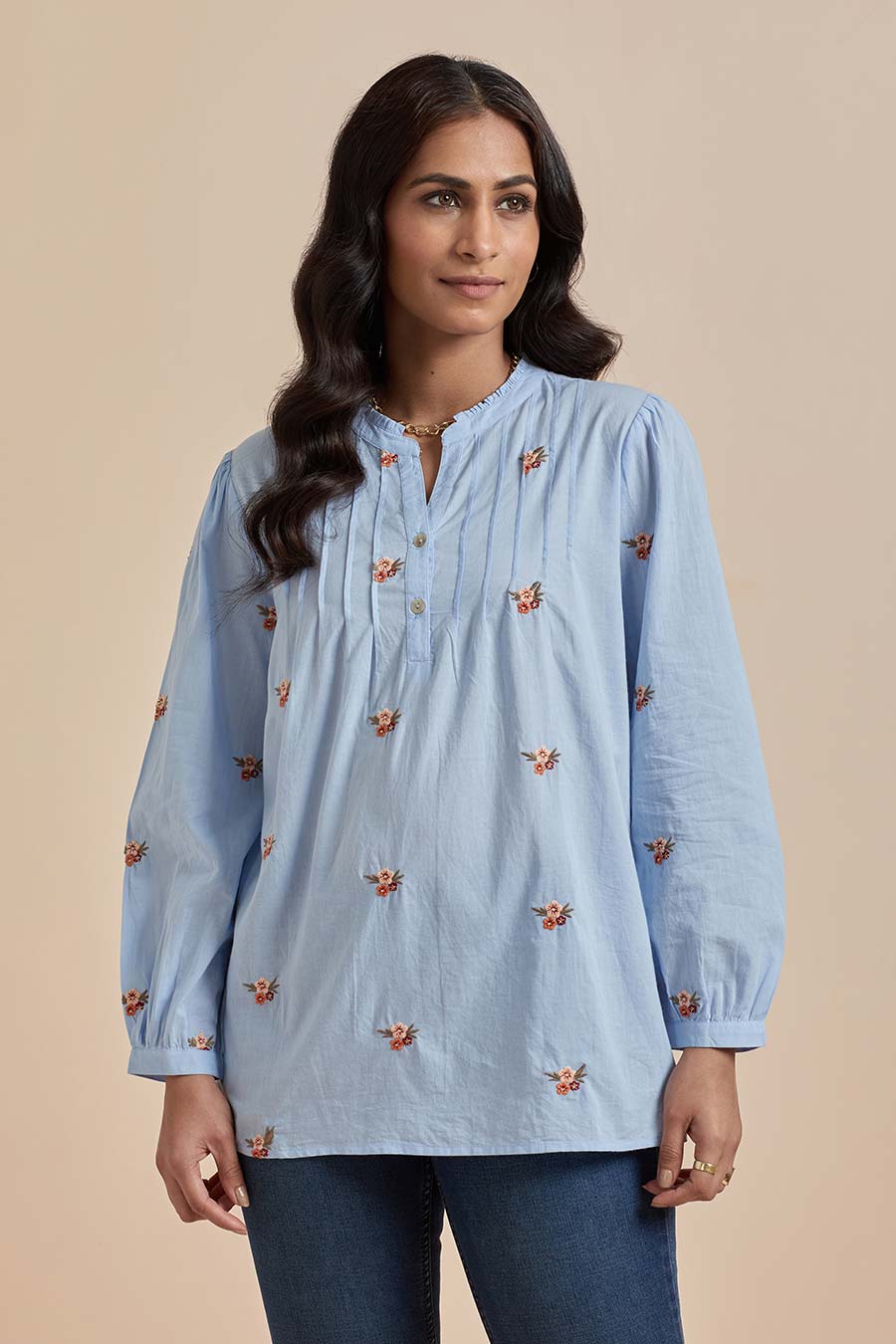 Blue Cotton Embroidered Top