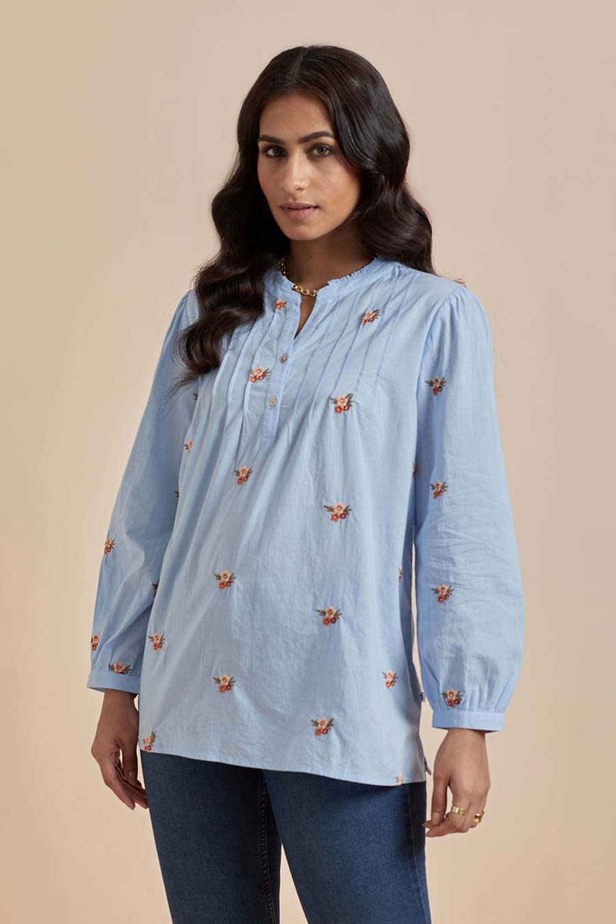 Blue Cotton Embroidered Top