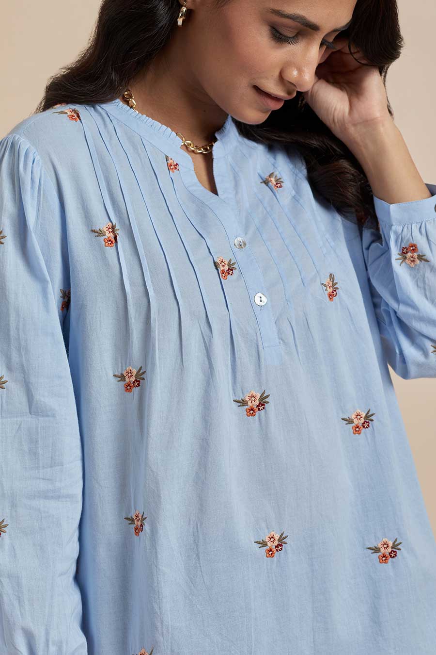 Blue Cotton Embroidered Top