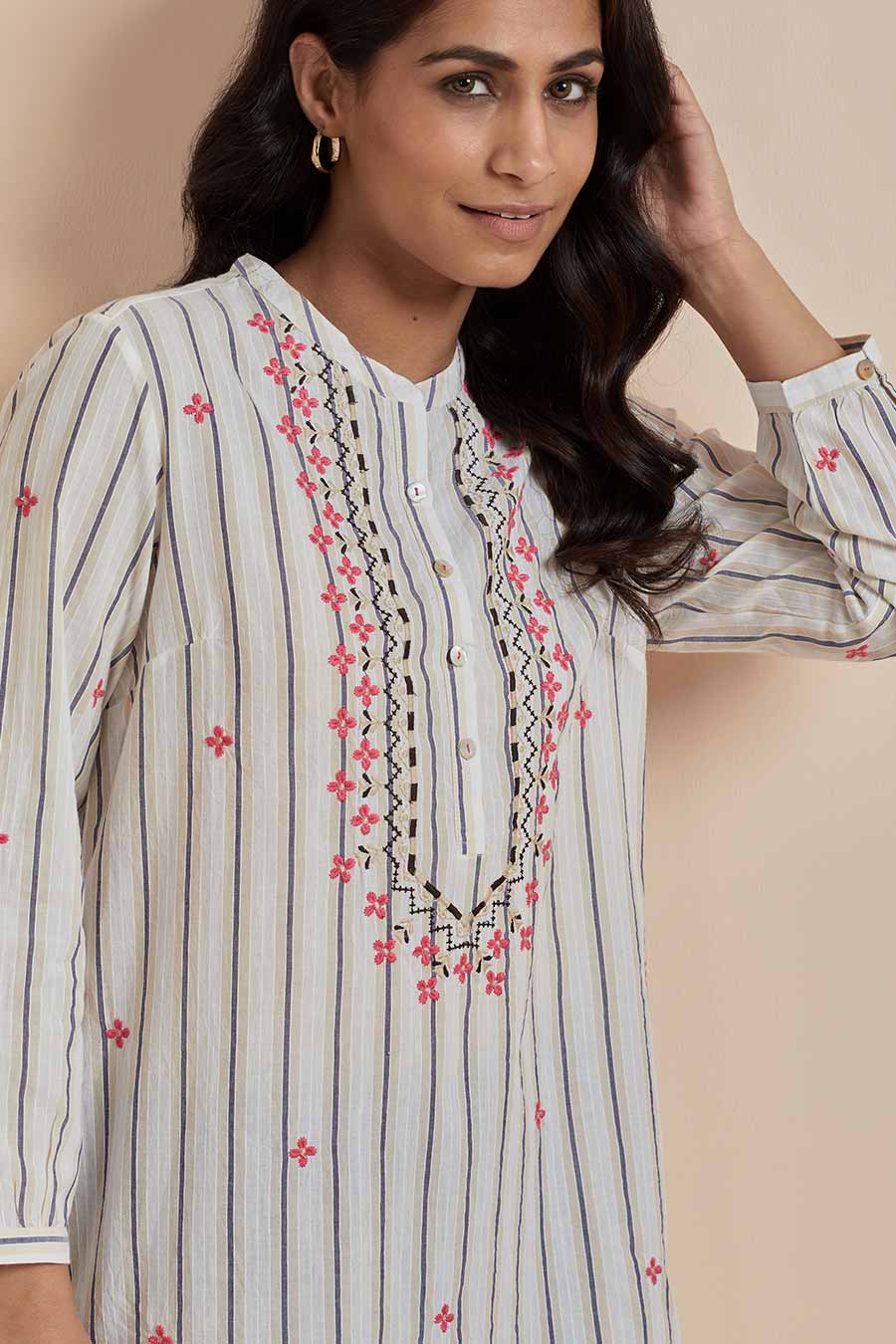 Beige Cotton Embroidered Top