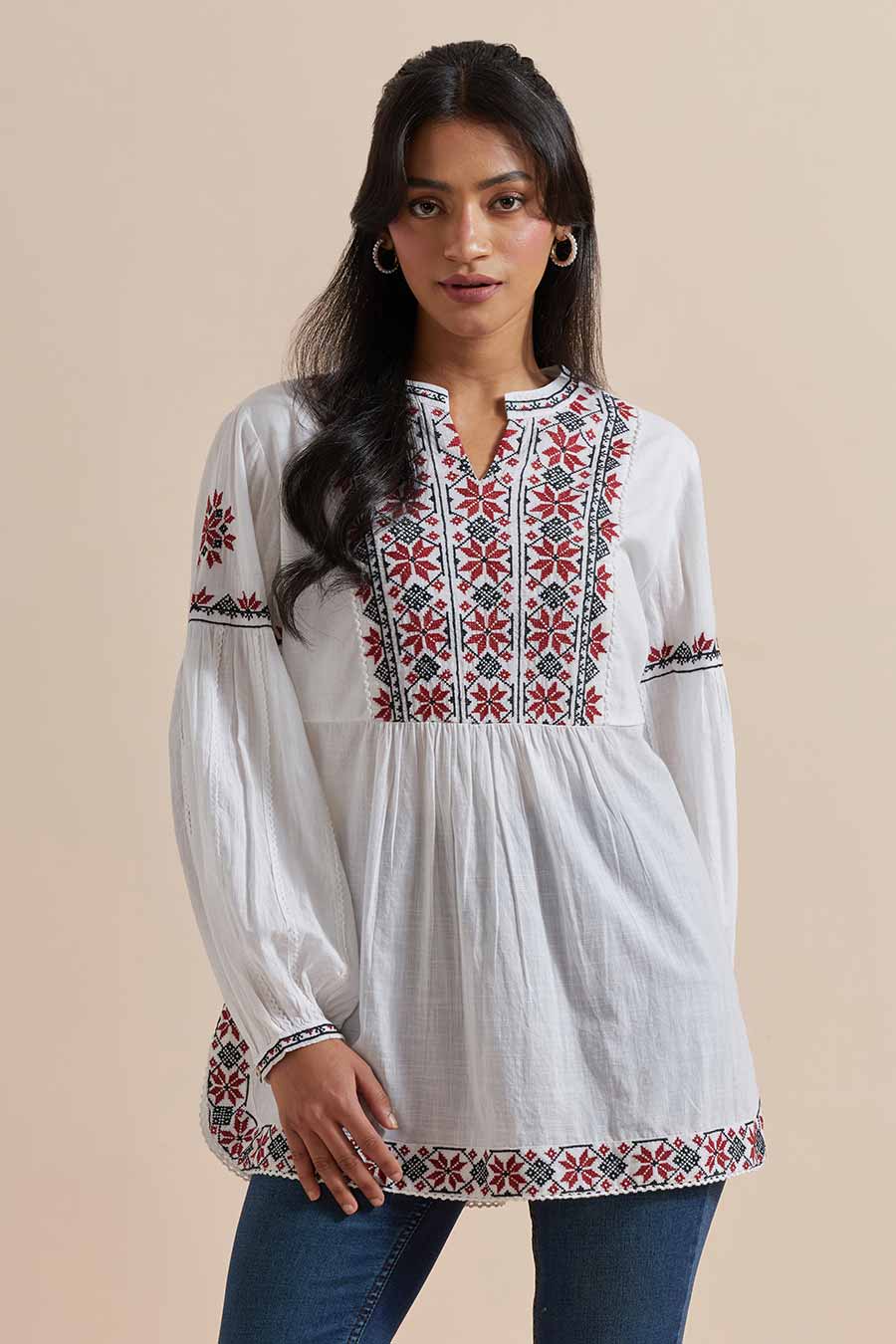 Shop White Cotton Embroidered Top by MUKUL at House of Designers