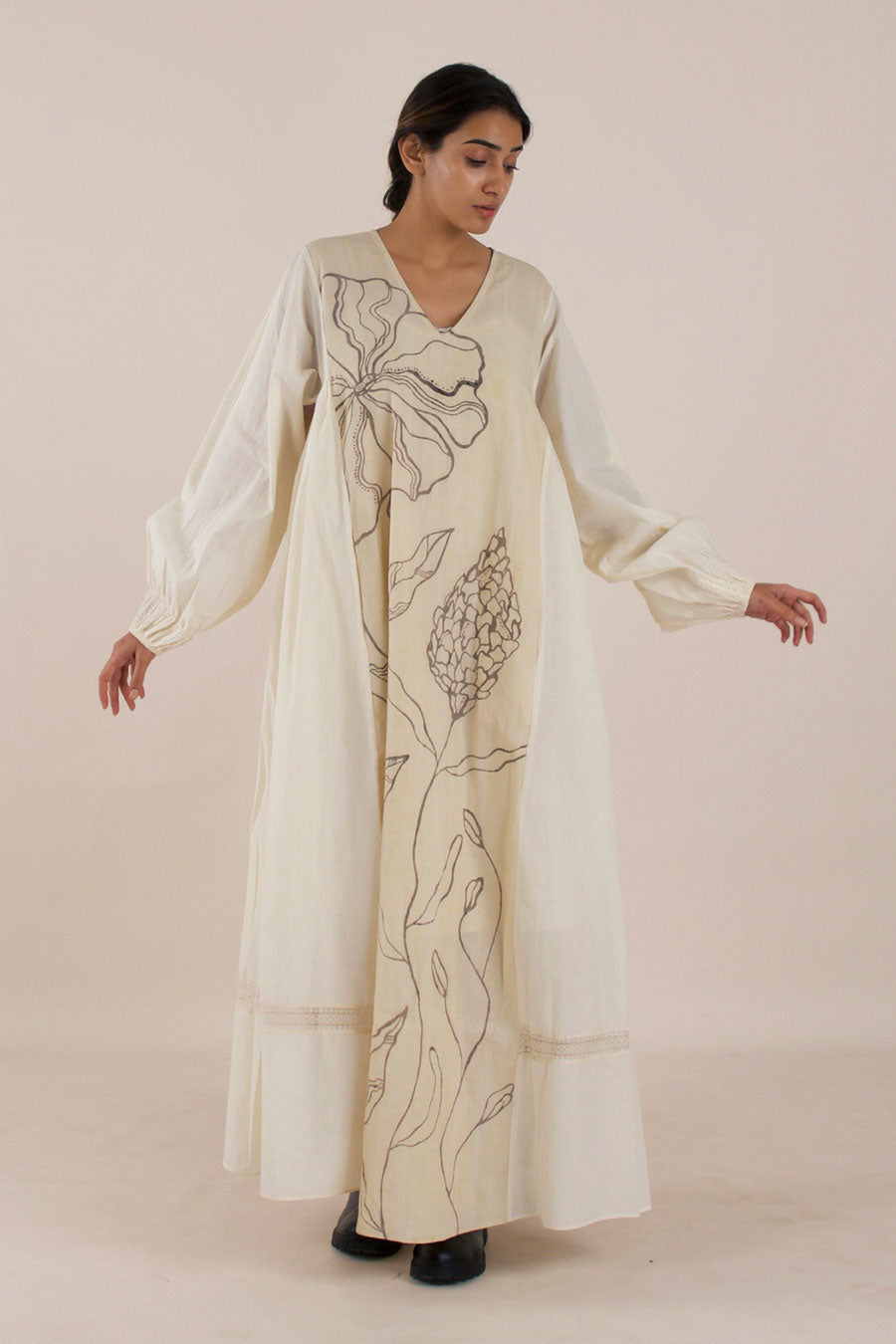 Off-White Gathered Kalidaar Cotton Dress