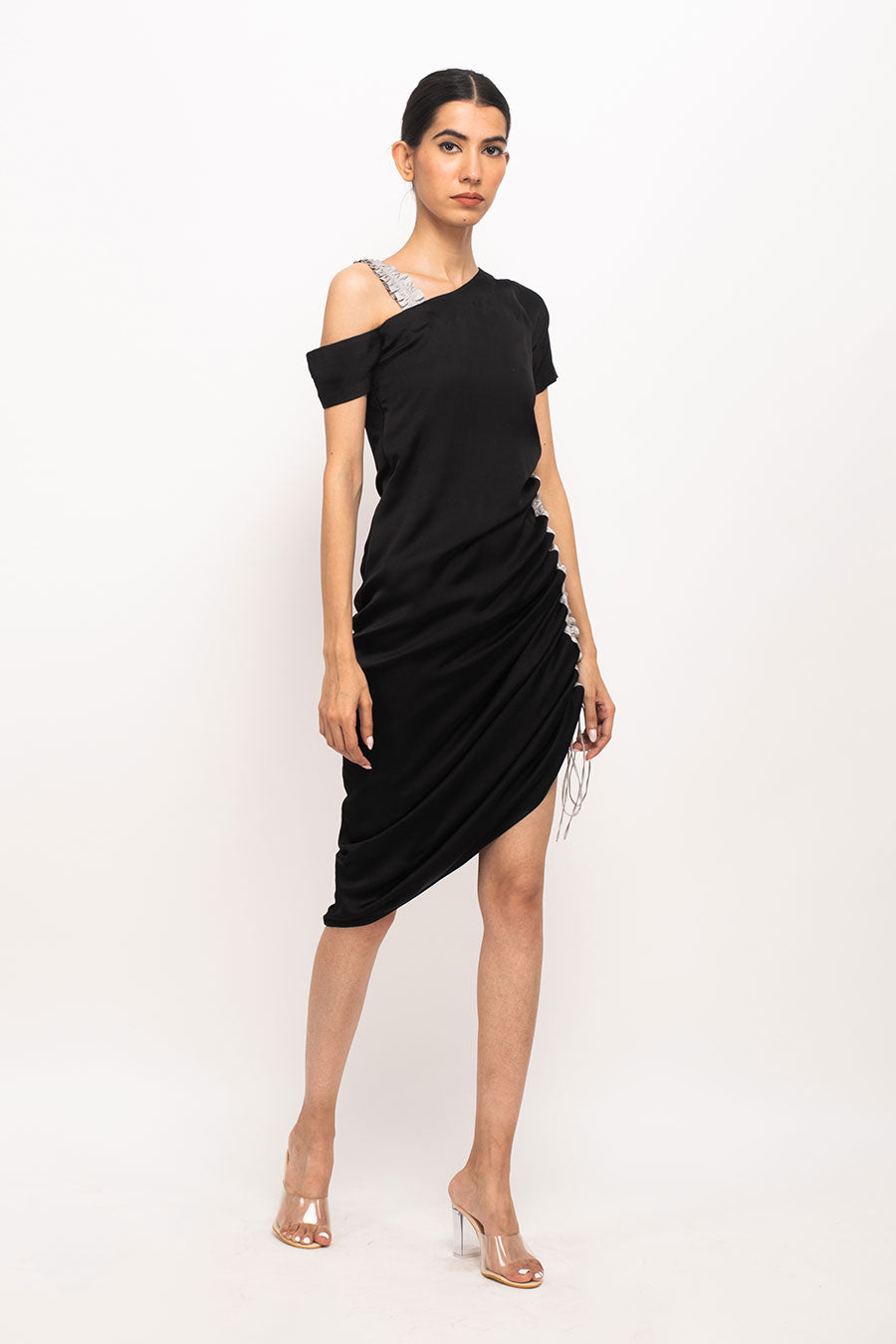 Black-Grey One-Shoulder Rouched Dress