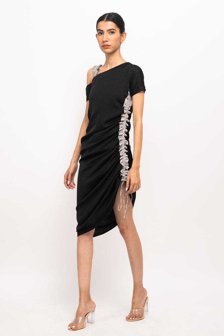 Black-Grey One-Shoulder Rouched Dress