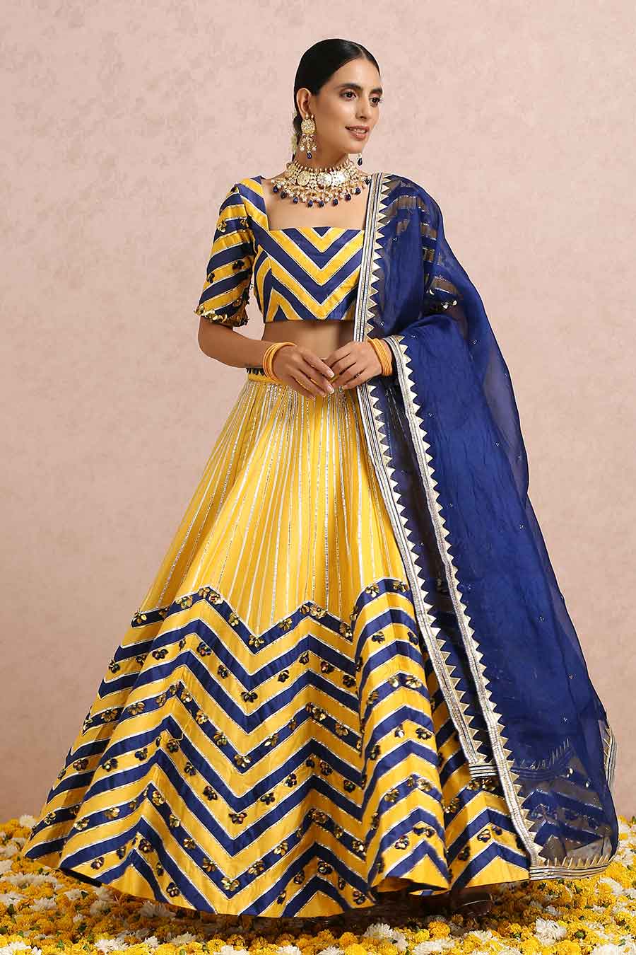 Shop Yellow-Blue Chanderi Embroidered Lehenga Set by LABEL NITIKA at House of Designers HOUSE OF DESIGNERS Shop Yellow-Blue Chanderi Embroidered Lehenga Set by LABEL NITIKA at House of Designers HOUSE OF DESIGNERS