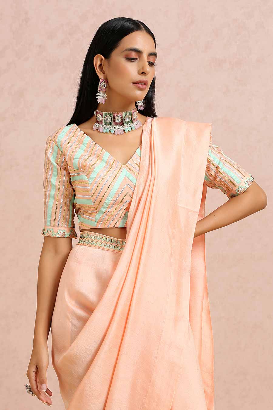 Peach Silk Draped Saree & Blouse Set