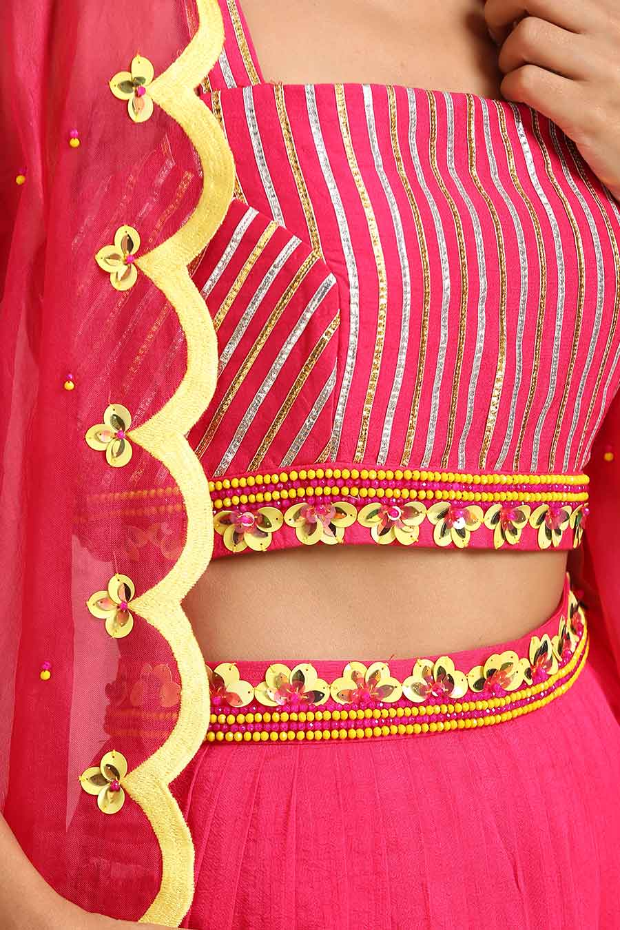 Fuschia Silk Skirt Set With Organza Cape