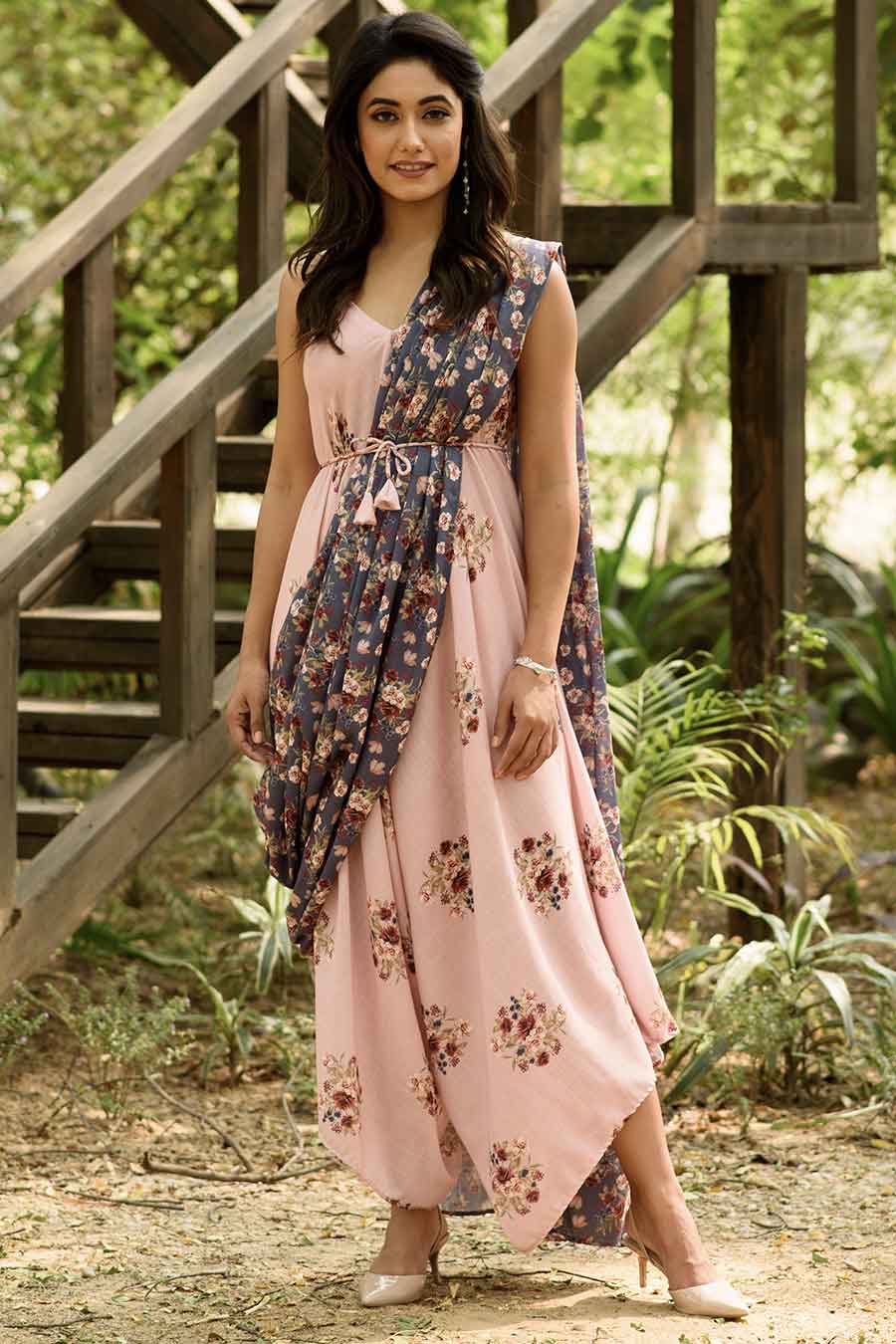 Pink Palazzo Jumpsuit With Detachable Blue Dupatta