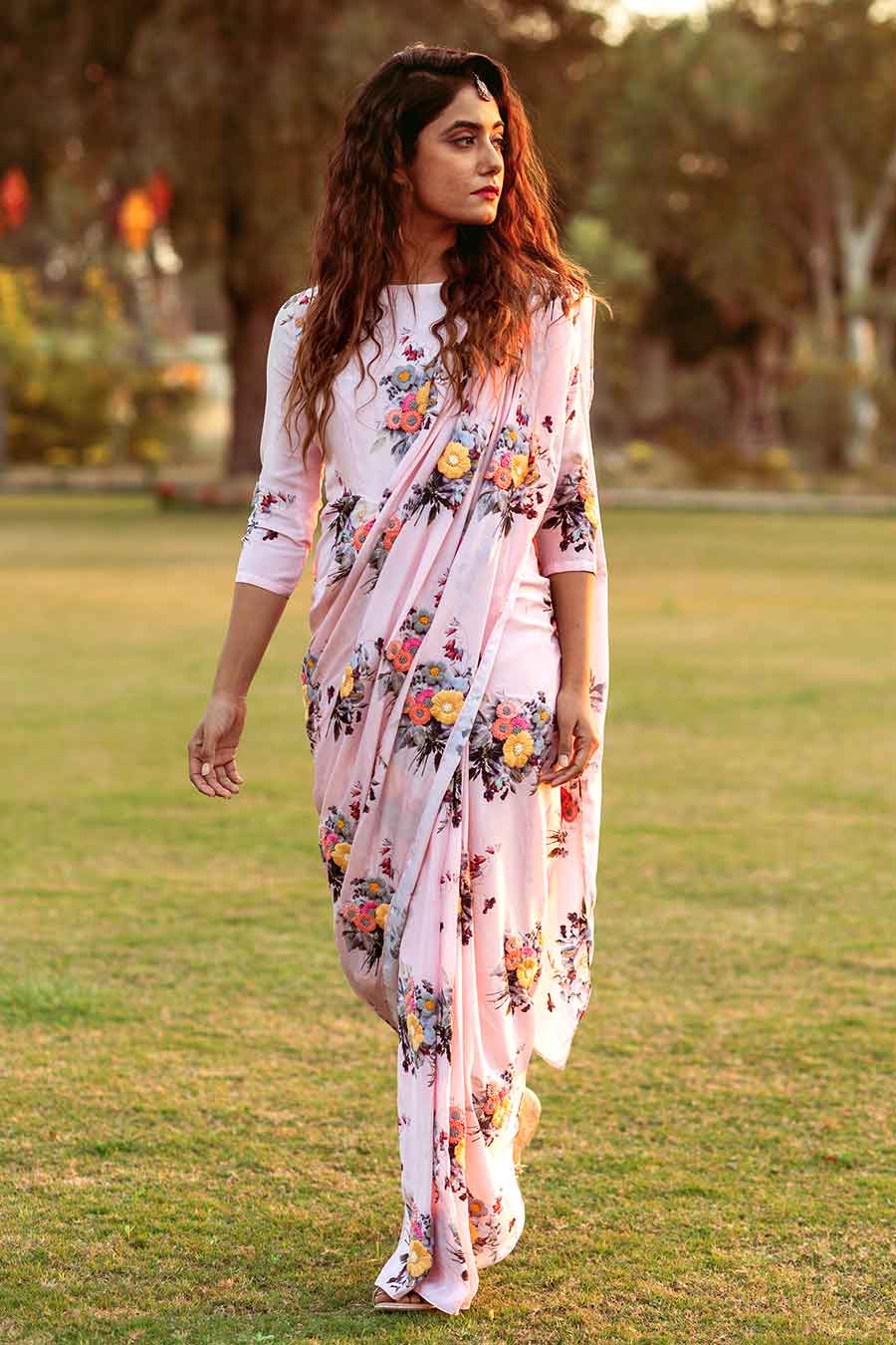 Pink Printed Drape Saree Dress