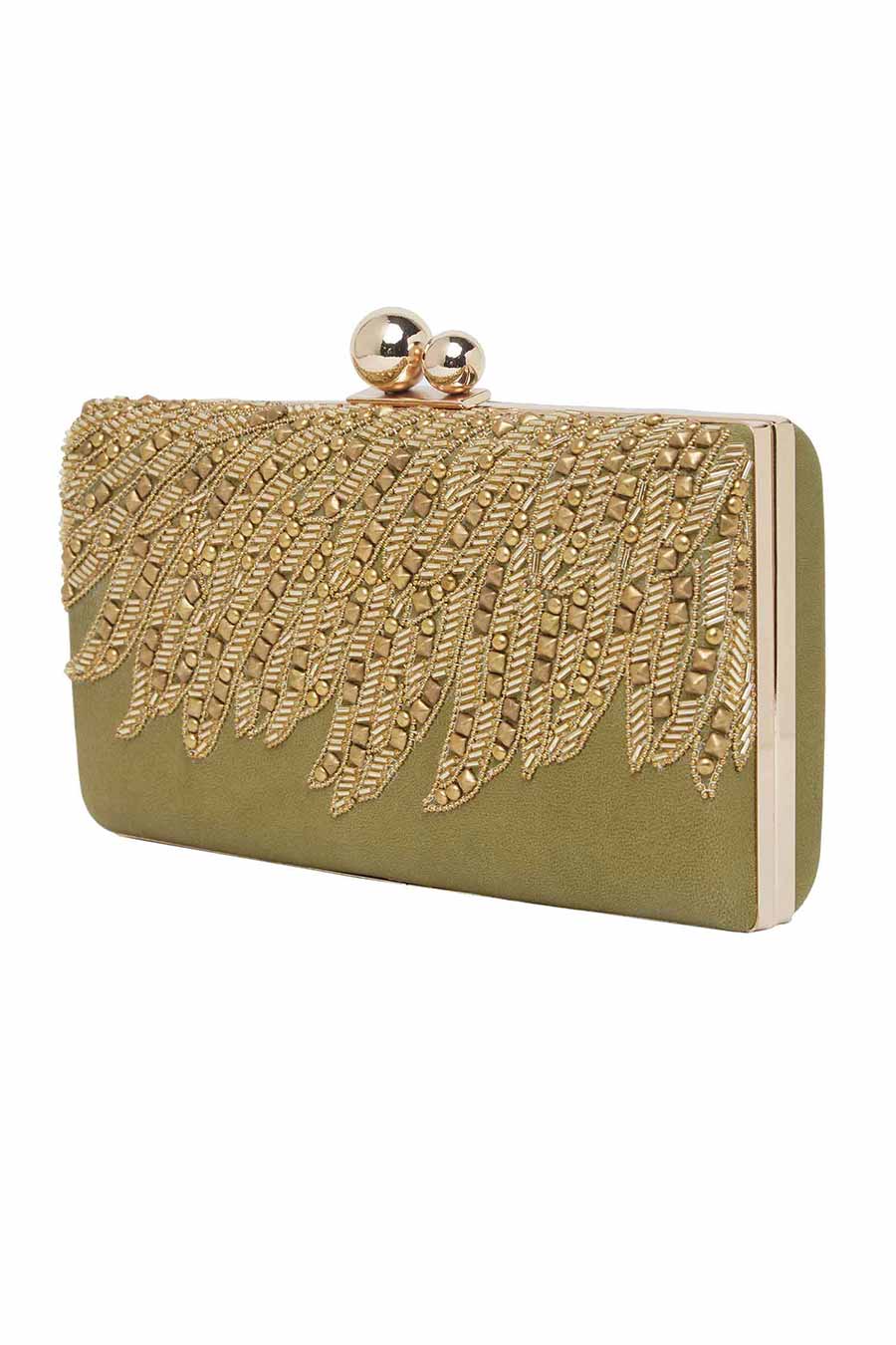 Green Embroidered Leather Clutch