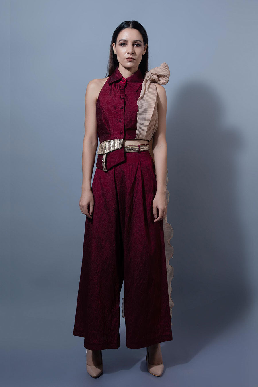 Maroon Top and Pant Set With Palla (Set of 2)