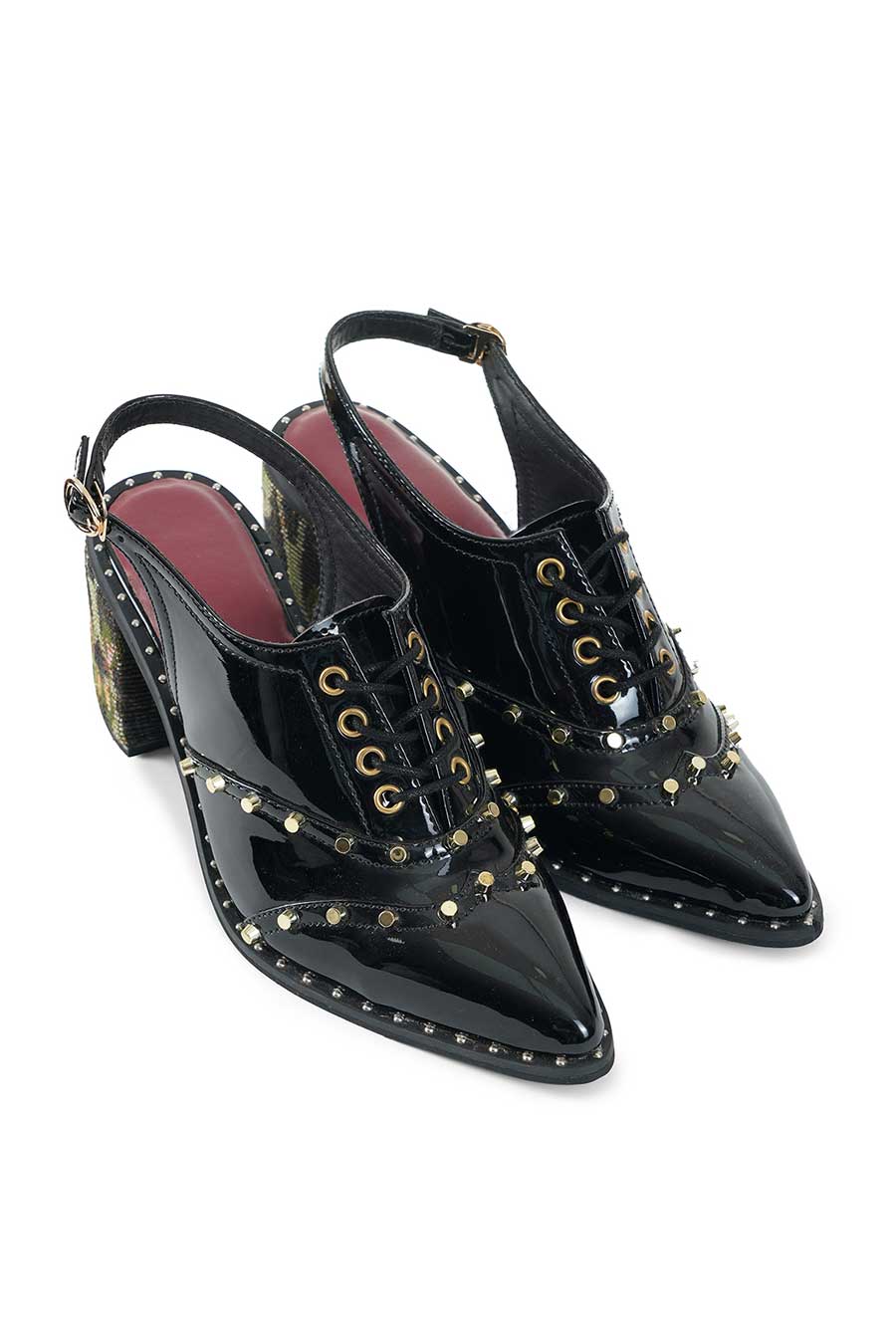 Kim Black Patent Golden Studded Heels