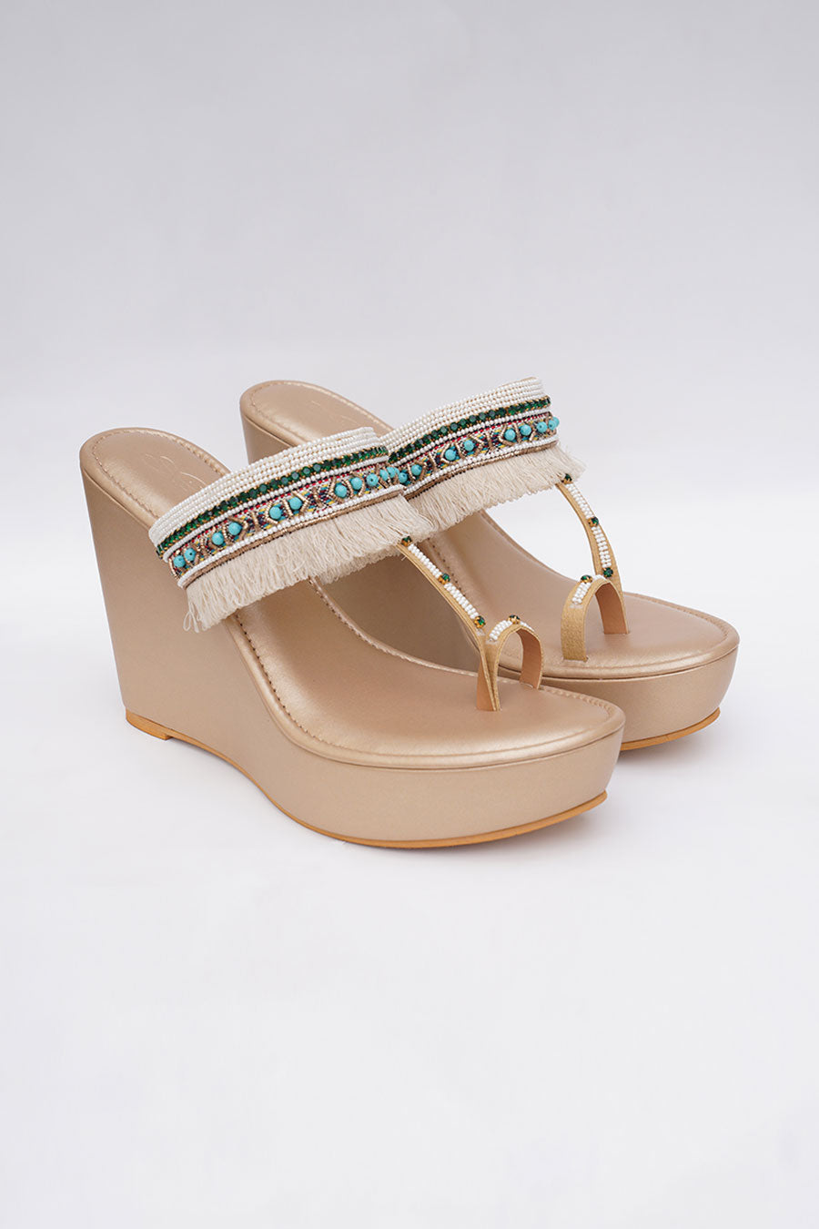 Gold Fringe Wedge Heels