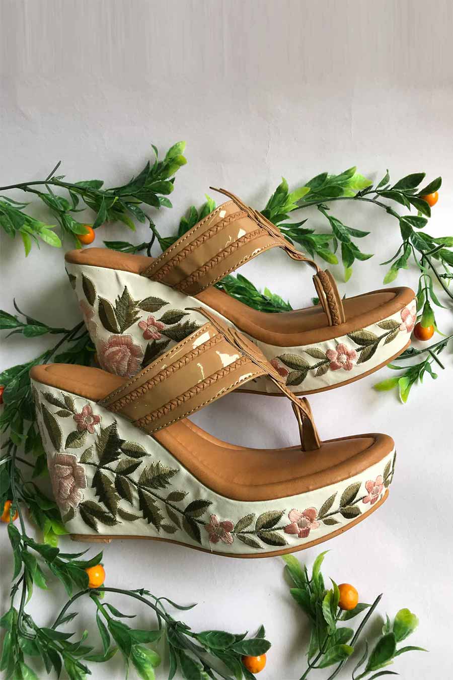 Nude Kolhapuri Embroidered Wedges