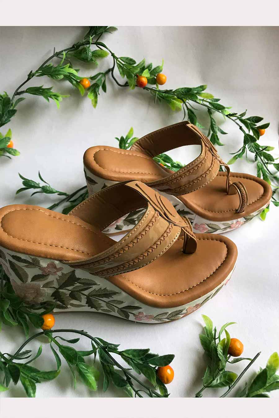 Nude Kolhapuri Embroidered Wedges