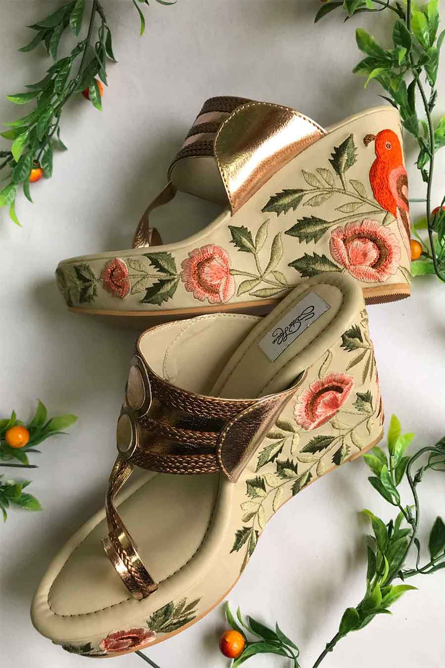 Rose Gold Bird Kolhapuri Wedges