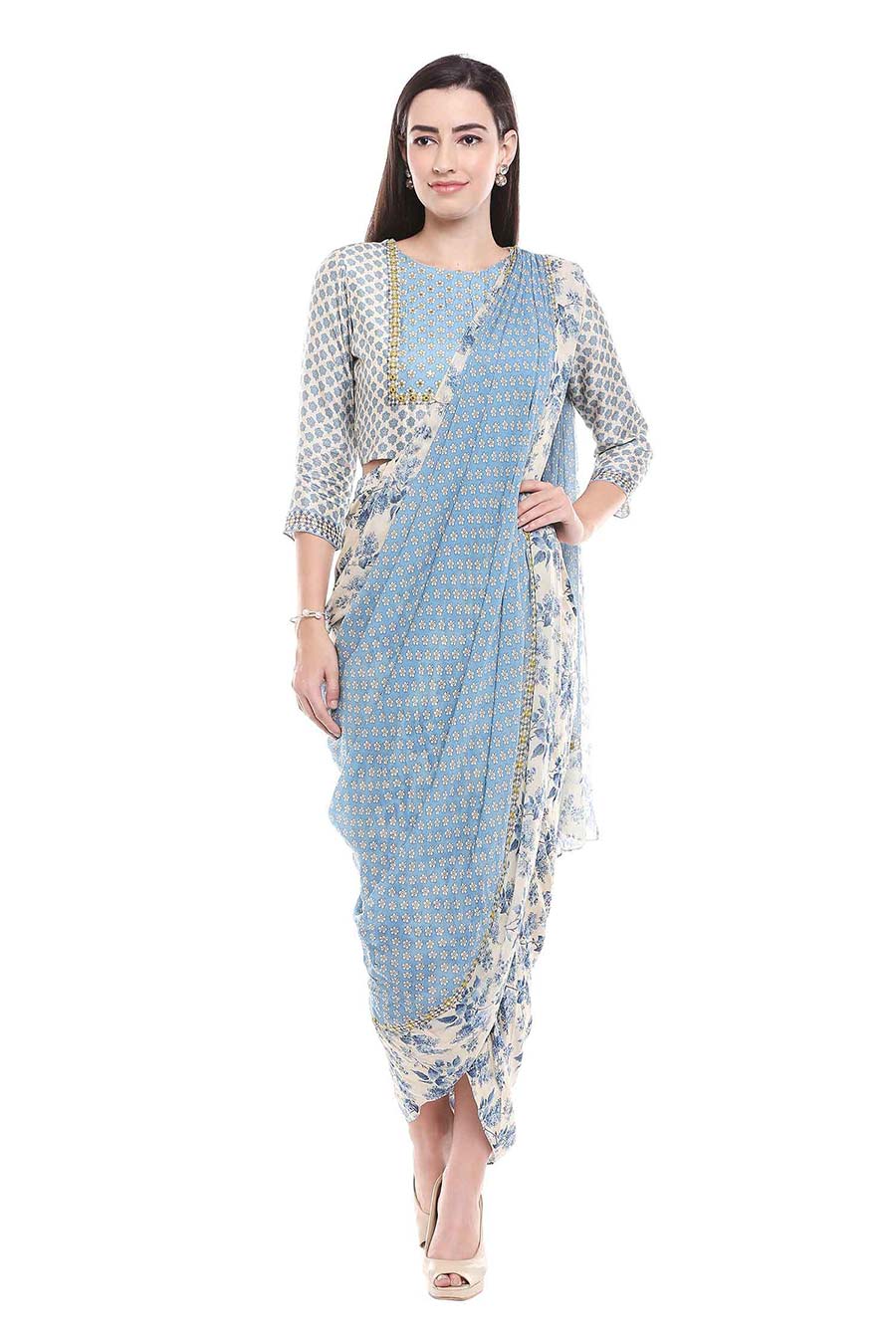 Blue Printed Pre-Drapped Saree Dress