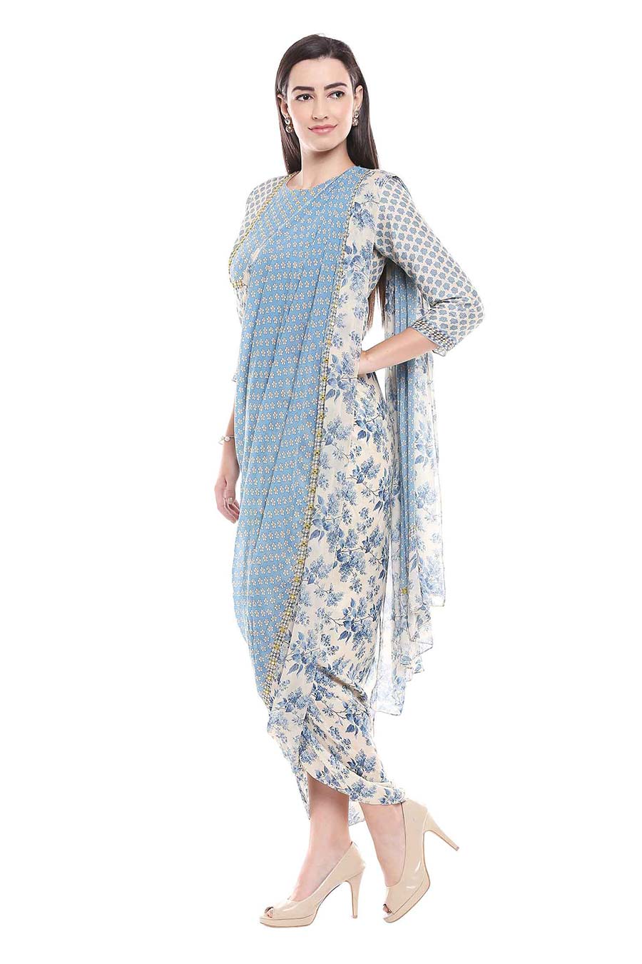 Blue Printed Pre-Drapped Saree Dress