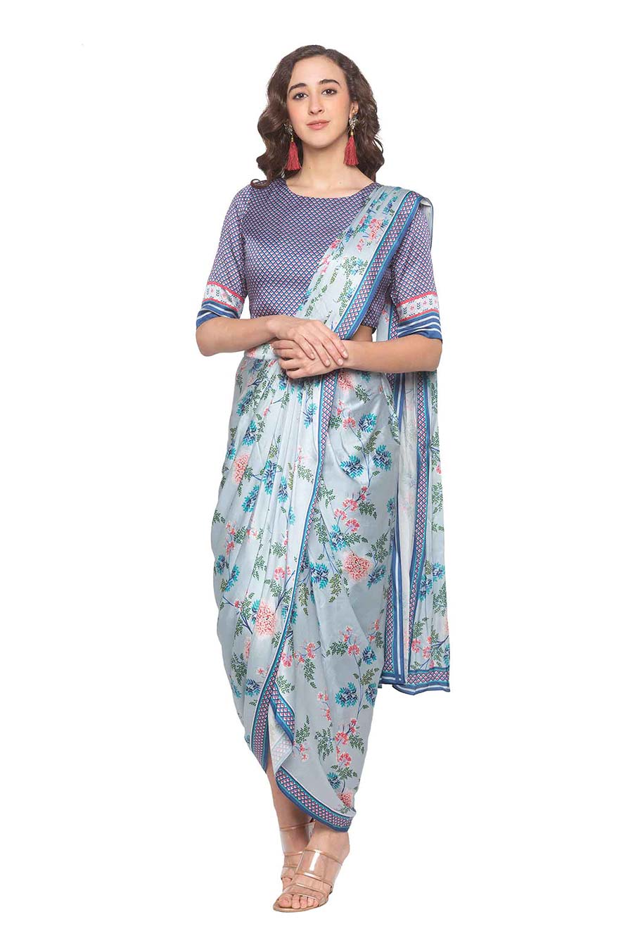 Blue Pre-Stitched Drape Saree Set