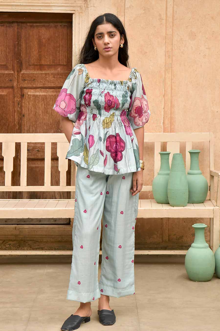 Vivid Sky Blue Floral Print Top