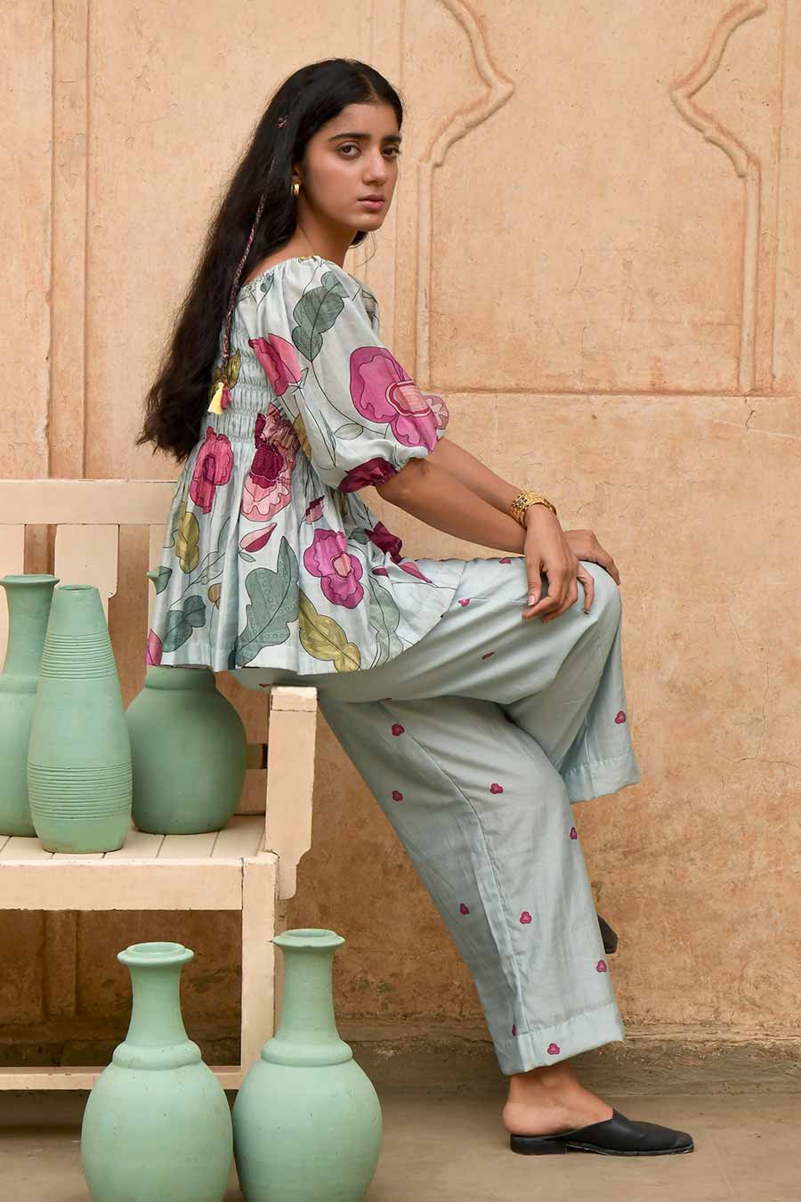 Vivid Sky Blue Floral Print Top