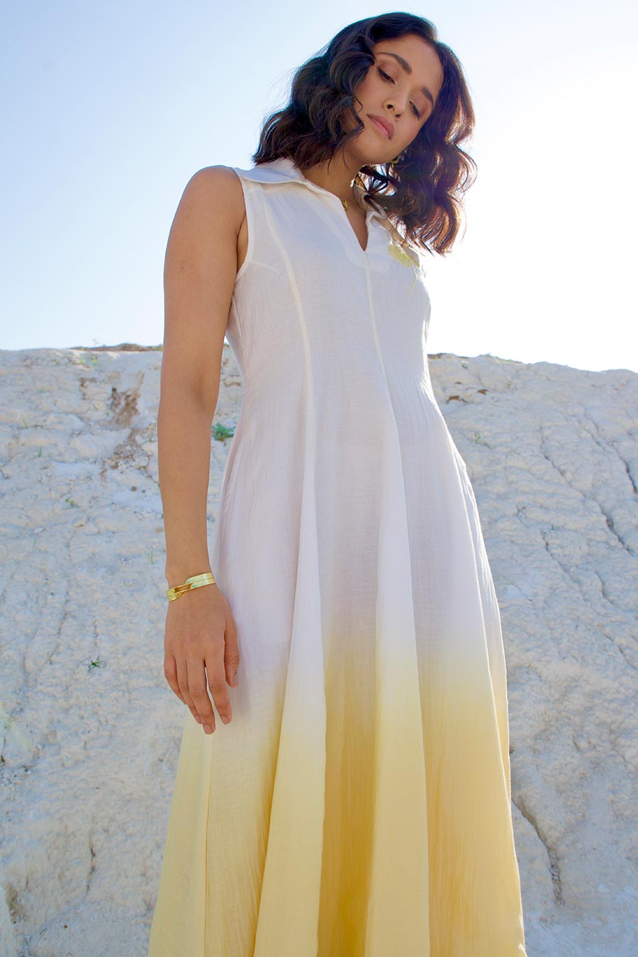 White & Yellow Embroidered Dress