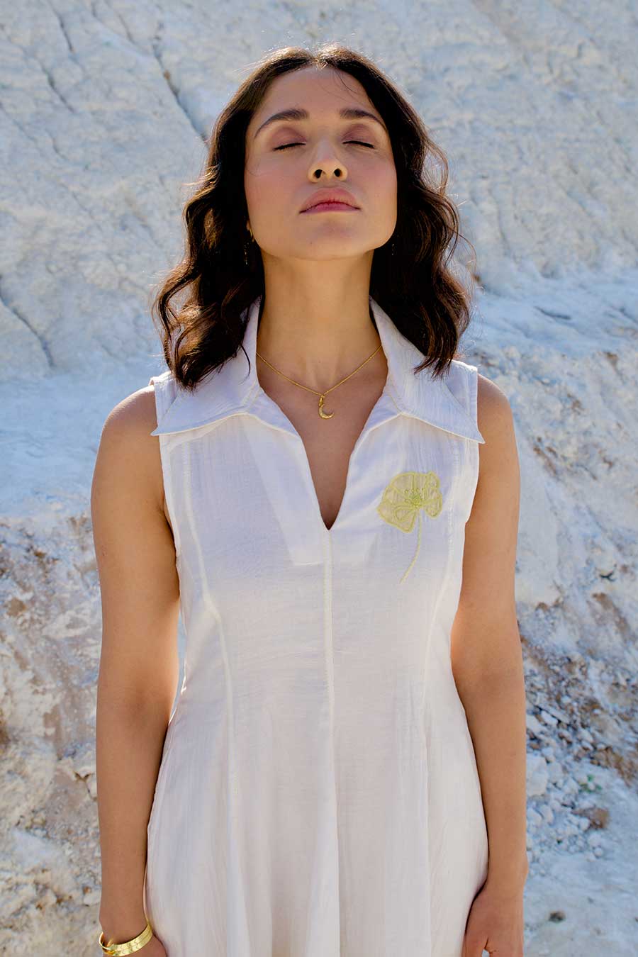 White & Yellow Embroidered Dress