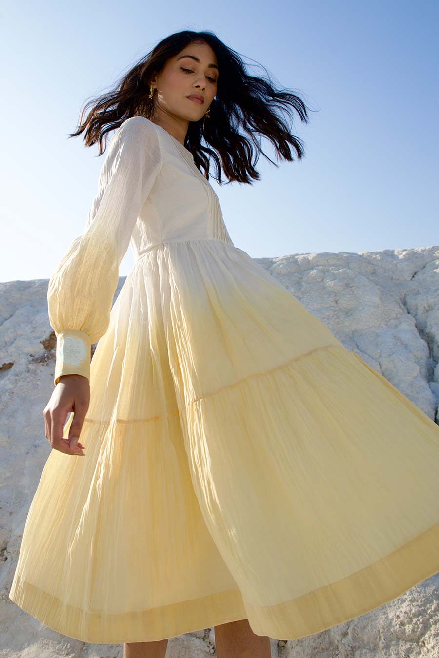 White & Yellow Ombre Pleated Dress