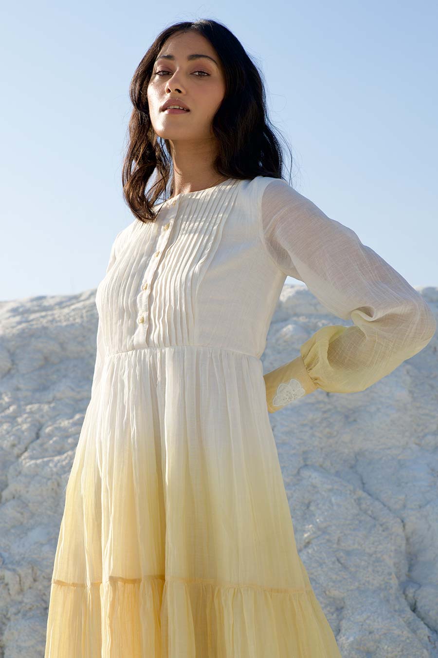 White & Yellow Ombre Pleated Dress