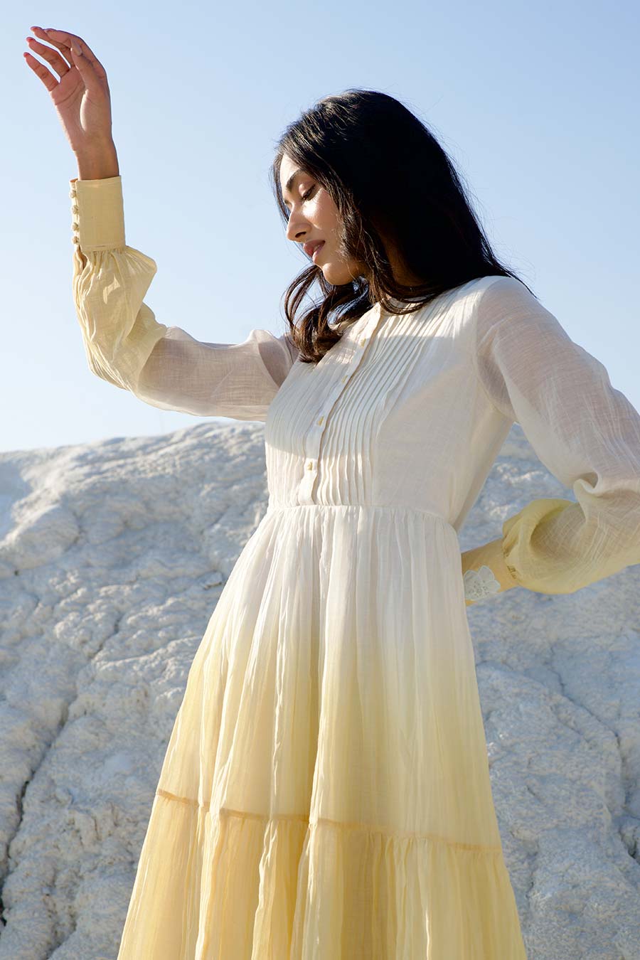 White & Yellow Ombre Pleated Dress