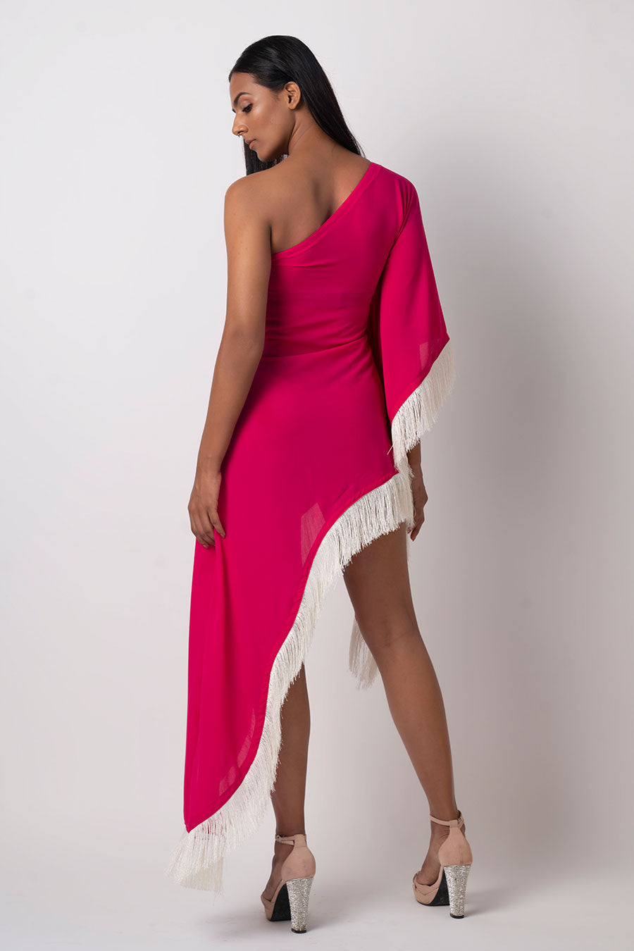Pink One-Shoulder Embroidered Dress
