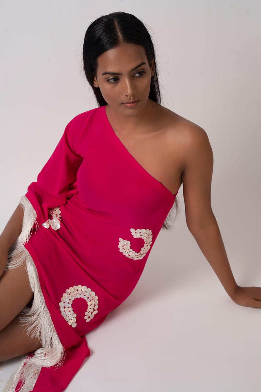 Pink One-Shoulder Embroidered Dress