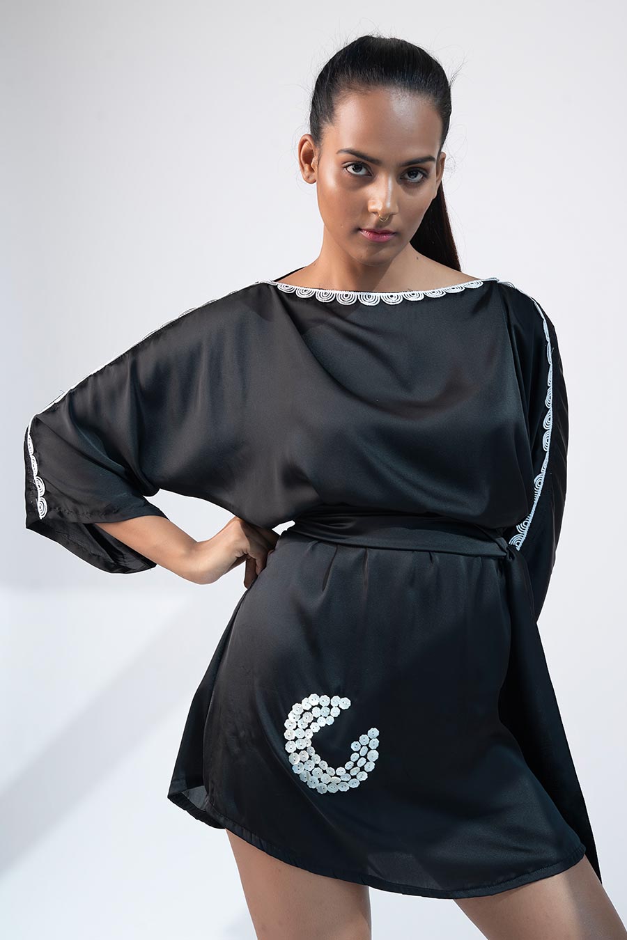 Black Kimono Embroidered Dress