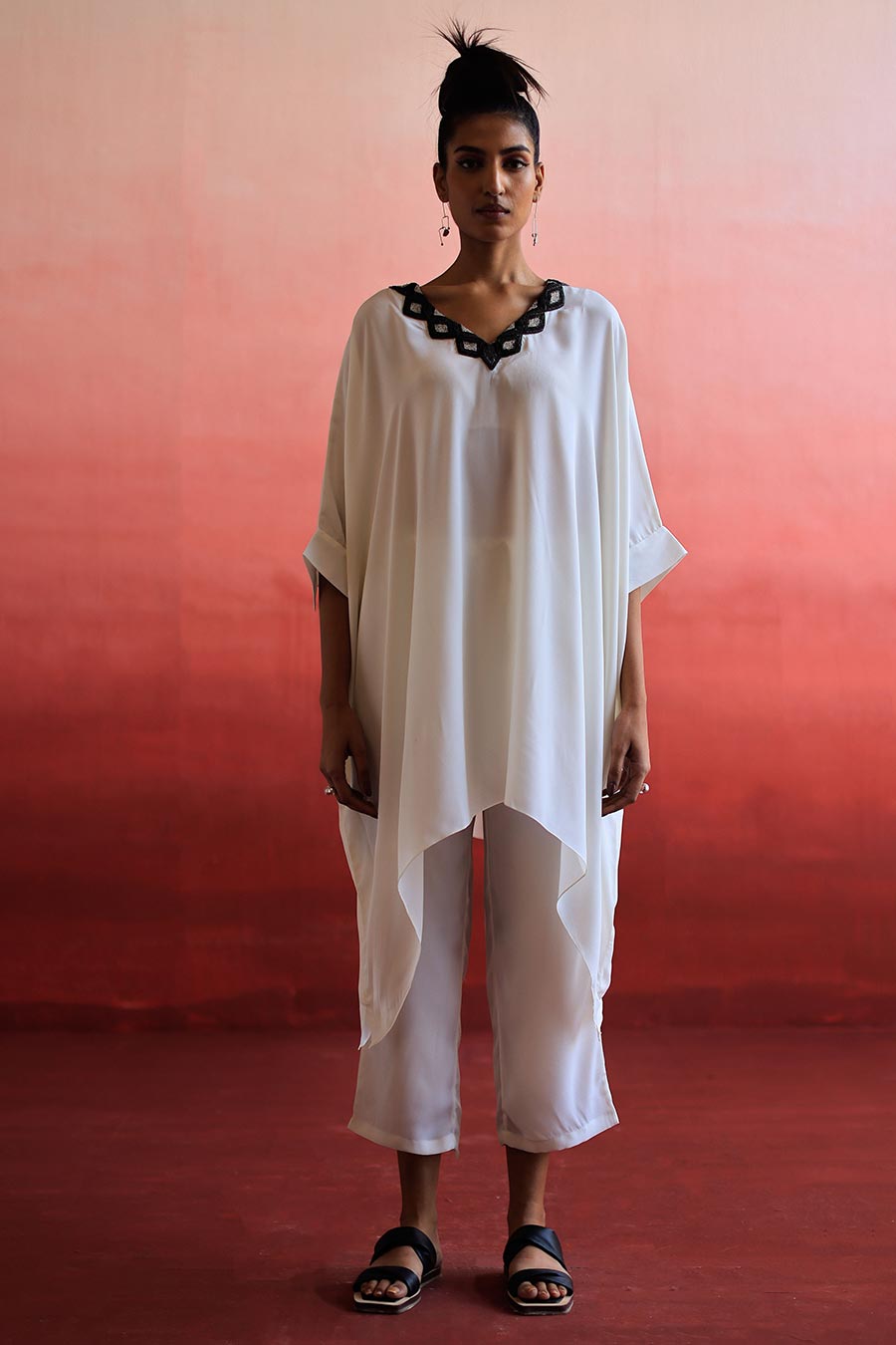 White Embroidered Short Kaftan & Pant Set