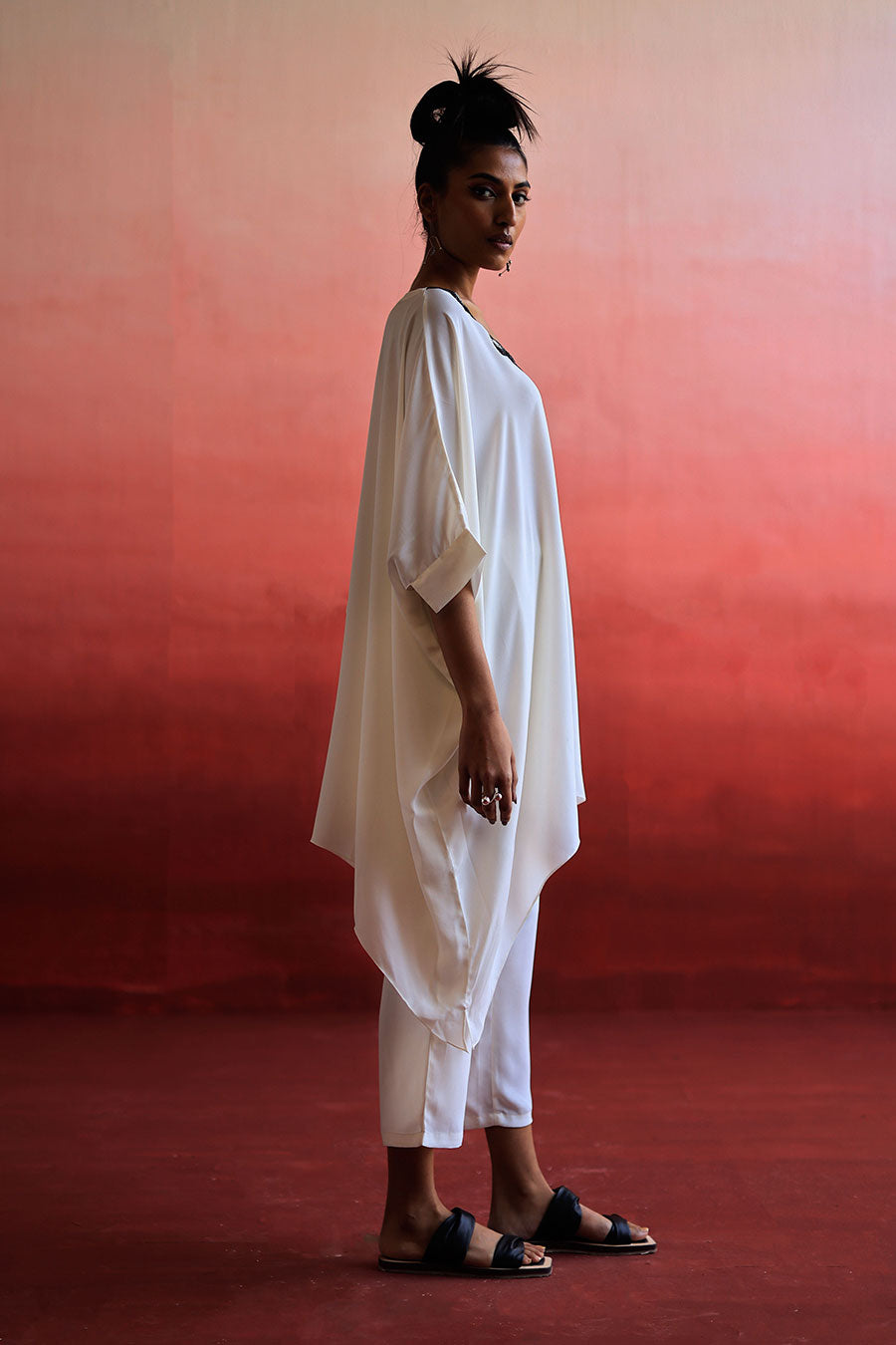 White Embroidered Short Kaftan & Pant Set