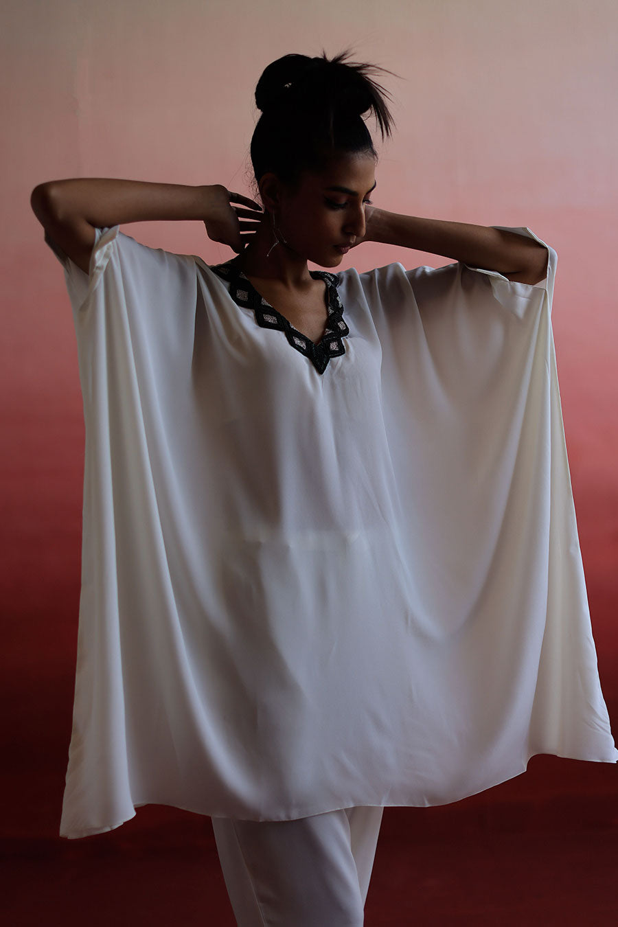 White Embroidered Short Kaftan & Pant Set