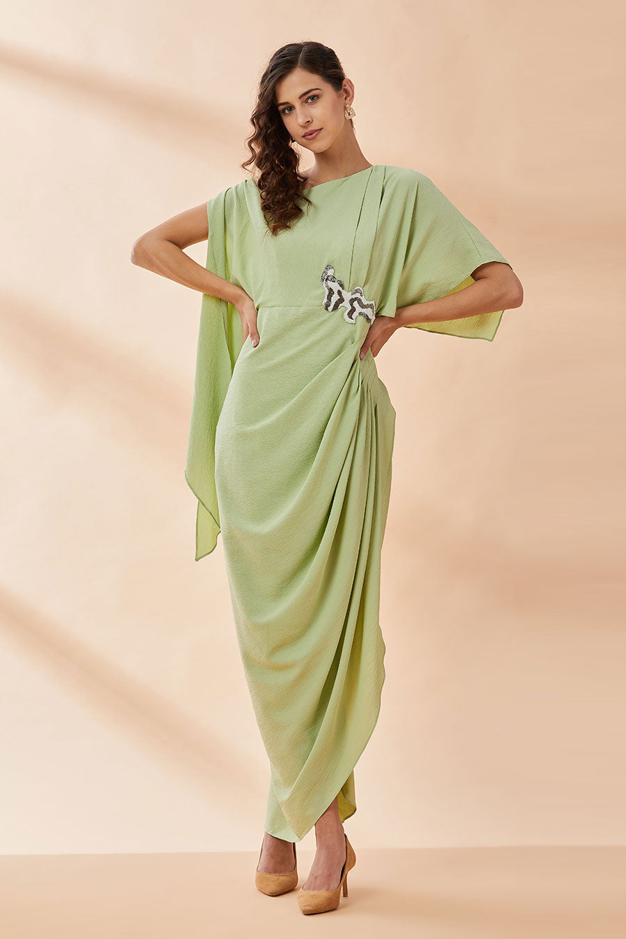 Lime Green Embroidered Drape Dress