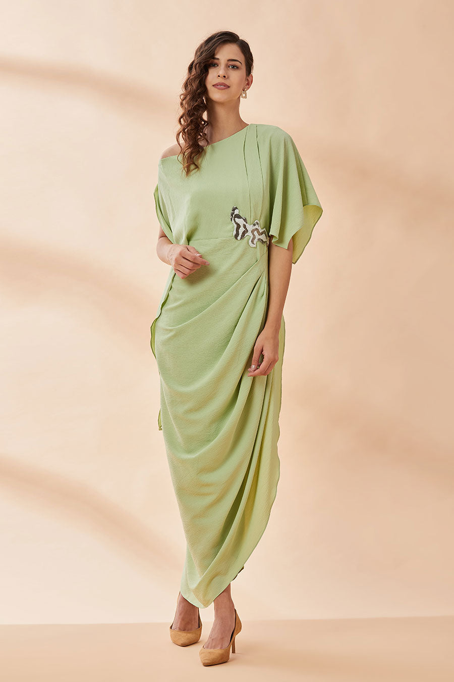 Lime Green Embroidered Drape Dress