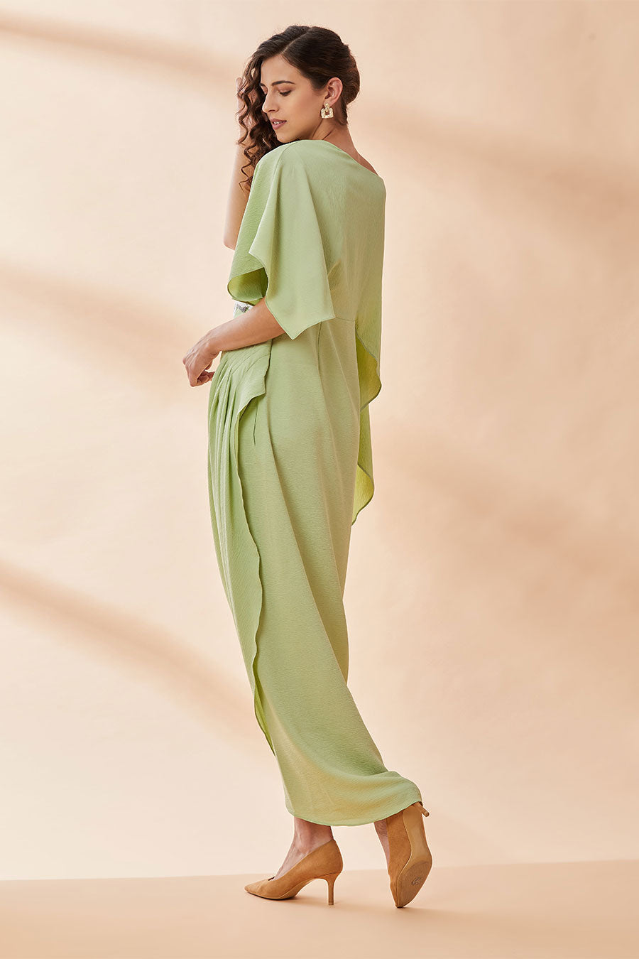 Lime Green Embroidered Drape Dress