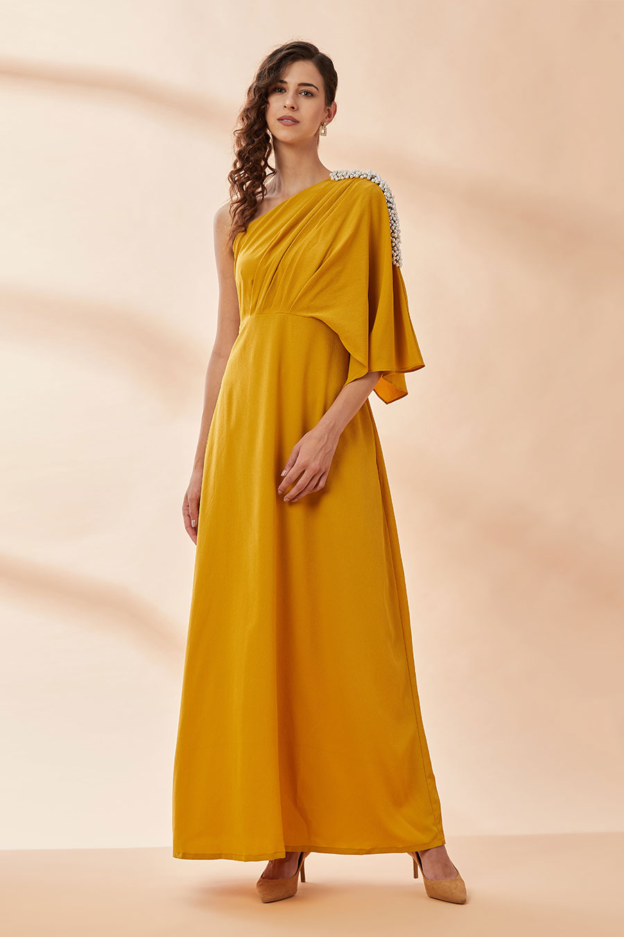Mustard Pearl Moss Drape Dress