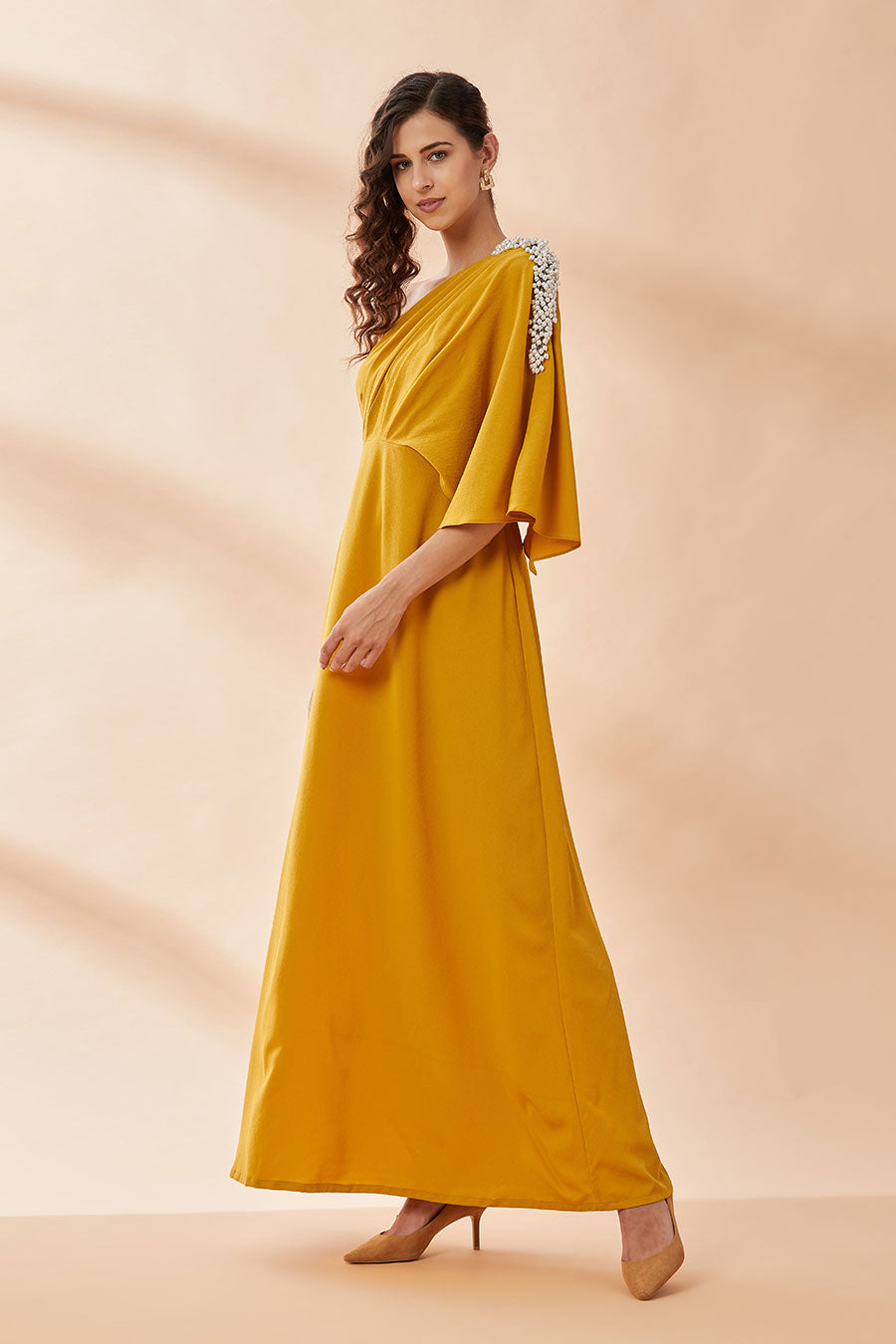 Mustard Pearl Moss Drape Dress