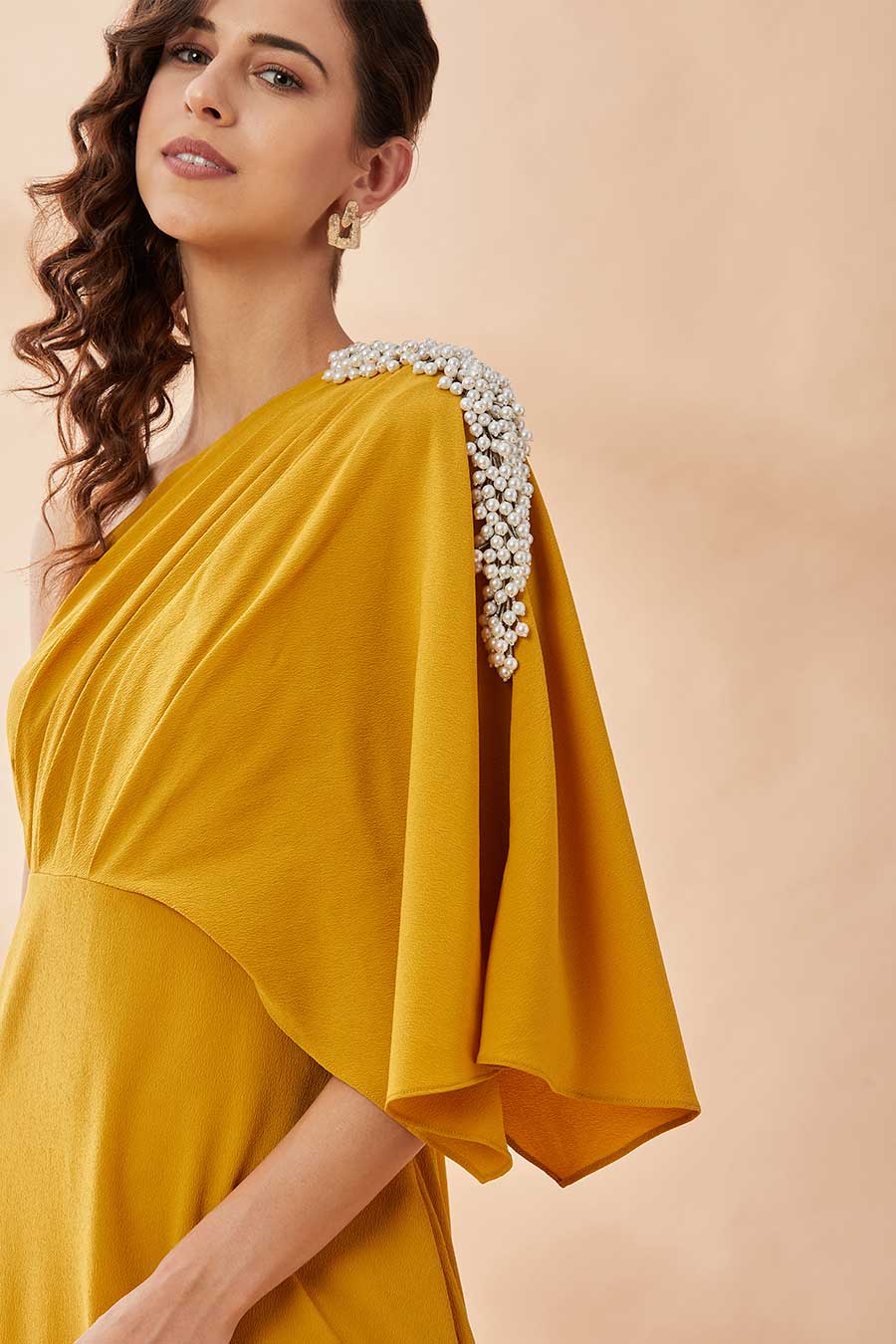 Mustard Pearl Moss Drape Dress