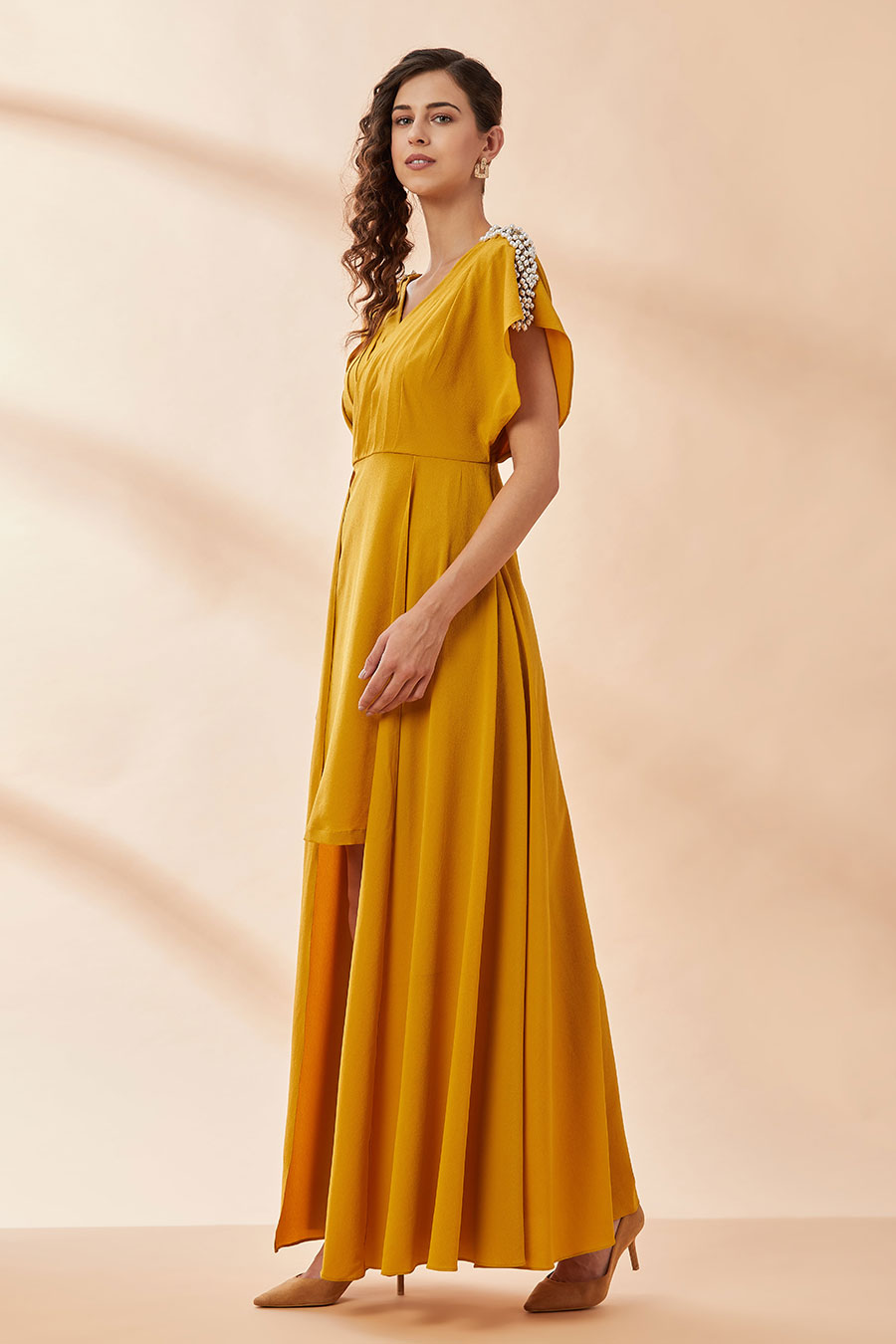 Mustard Pearl Pleated Drape Dress