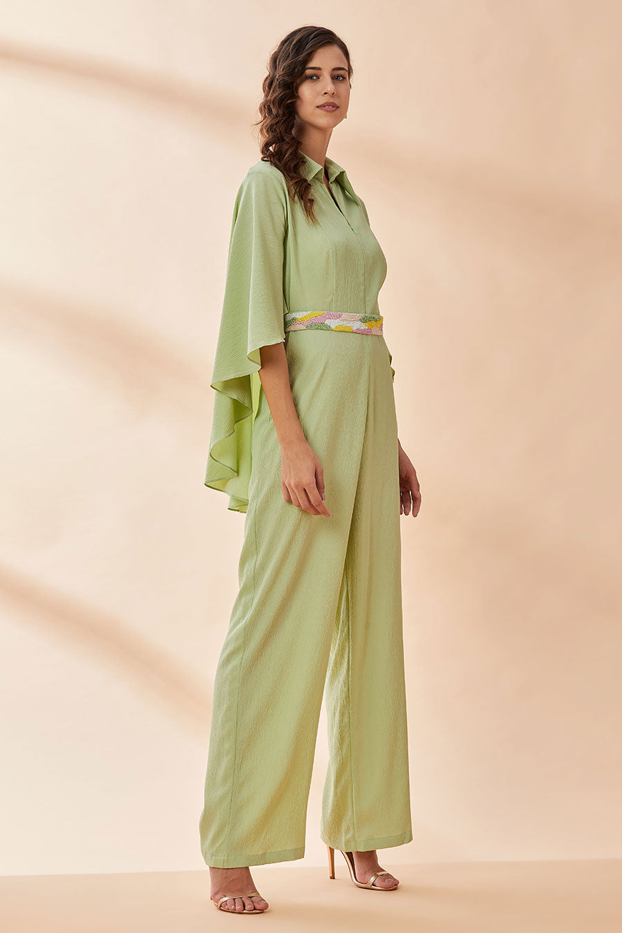 Lime Green Cape Jumpsuit With Belt
